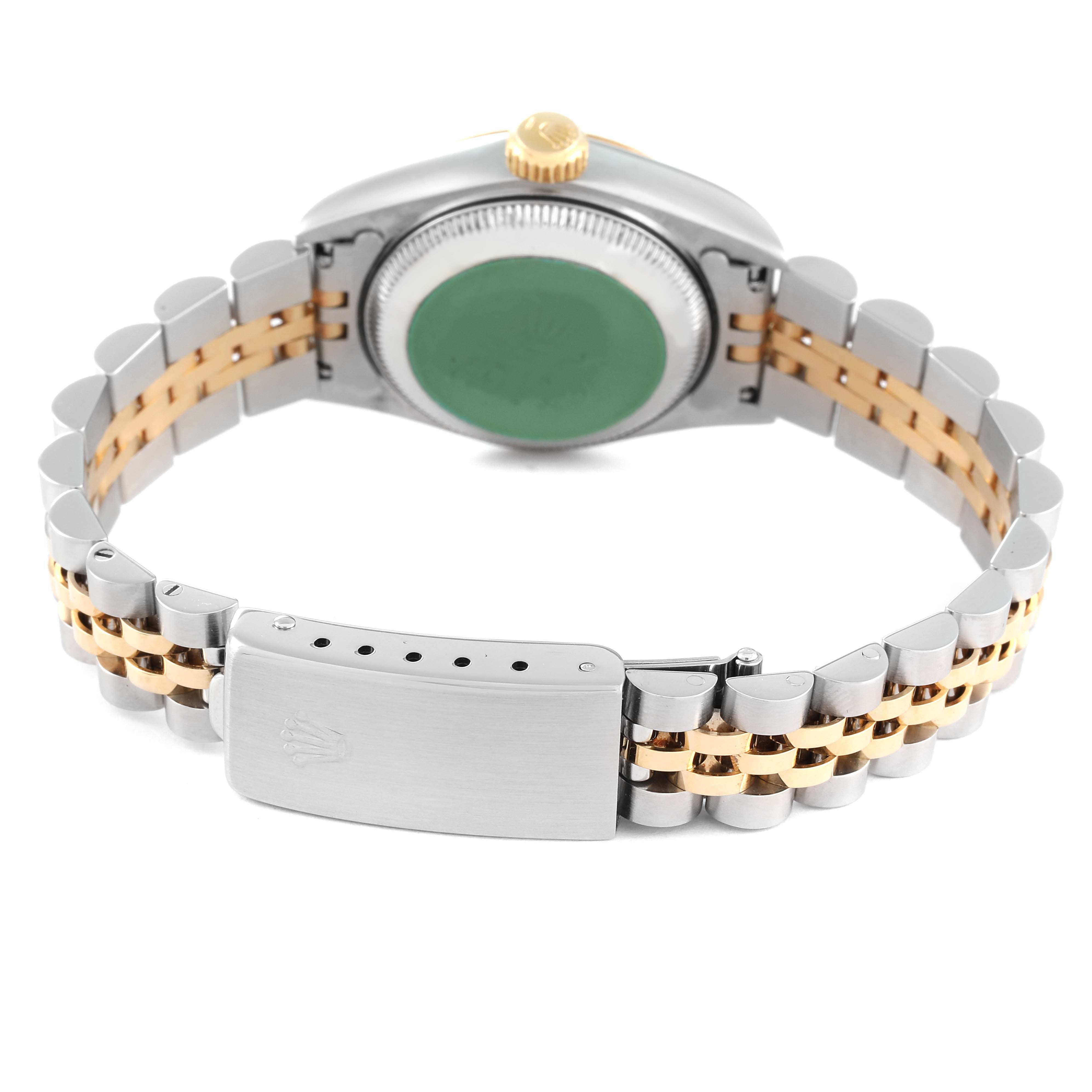 The image shows the back of a Rolex Datejust 69173 Women's Steel and Gold (two tone) Champagne Dial 69173 Women's Steel and Gold (two tone) Champagne Dial watch, highlighting its two-tone bracelet and clasp, as well as the case back.