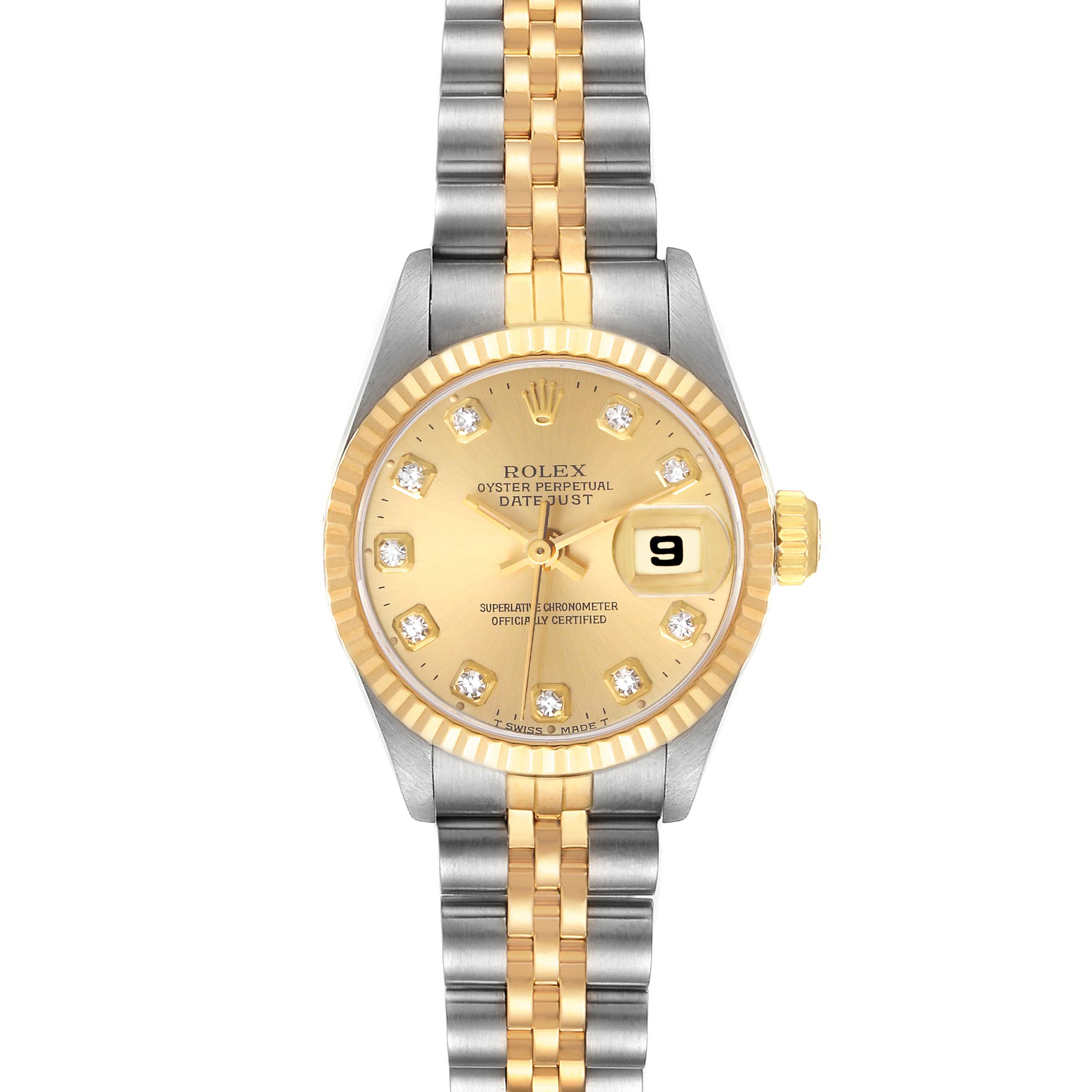 The Rolex Datejust 69173 Women's Steel and Gold (two tone) Champagne Dial 69173 Women's Steel and Gold (two tone) Champagne Dial watch is shown from the front, displaying its two-tone bracelet, gold dial, and diamond hour markers.