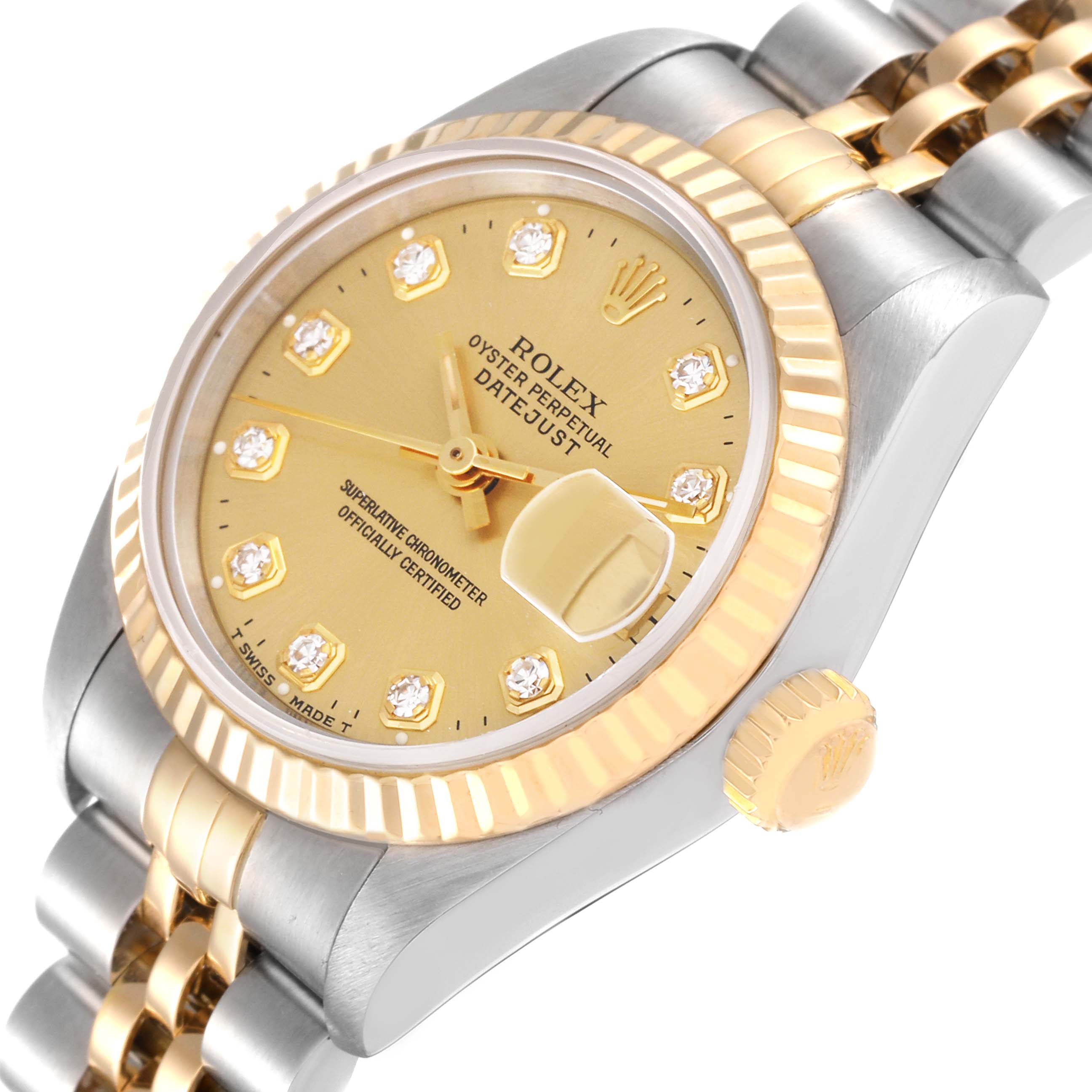 The image shows a Rolex Datejust 69173 Women's Steel and Gold (two tone) Champagne Dial 69173 Women's Steel and Gold (two tone) Champagne Dial watch at an angled view, highlighting the dial, bezel, crown, and part of the bracelet.