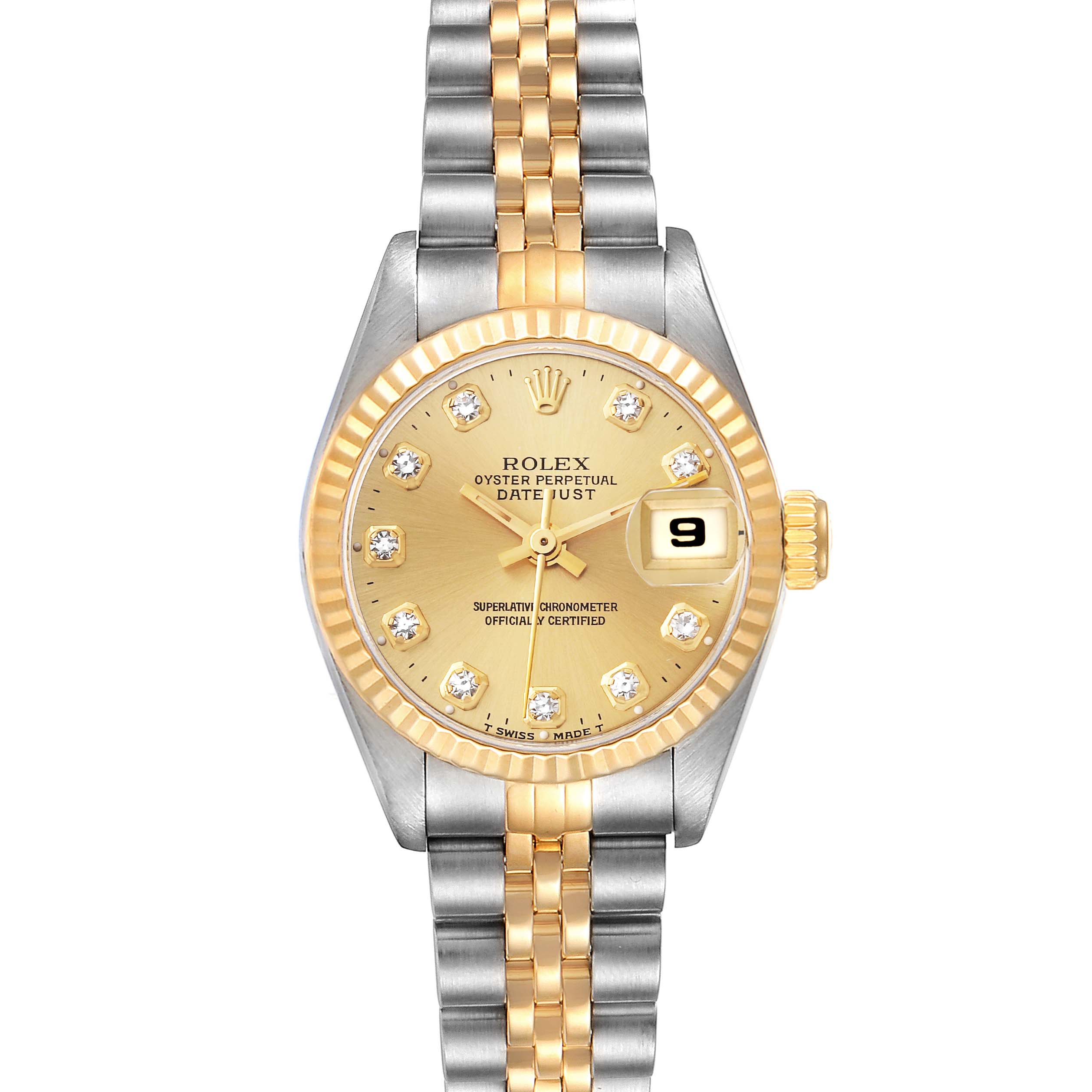 This image shows a front view of a Rolex Datejust 69173 Women's Steel and Gold (two tone) Champagne Dial 69173 Women's Steel and Gold (two tone) Champagne Dial watch with a two-tone bracelet and diamond markers on the dial.