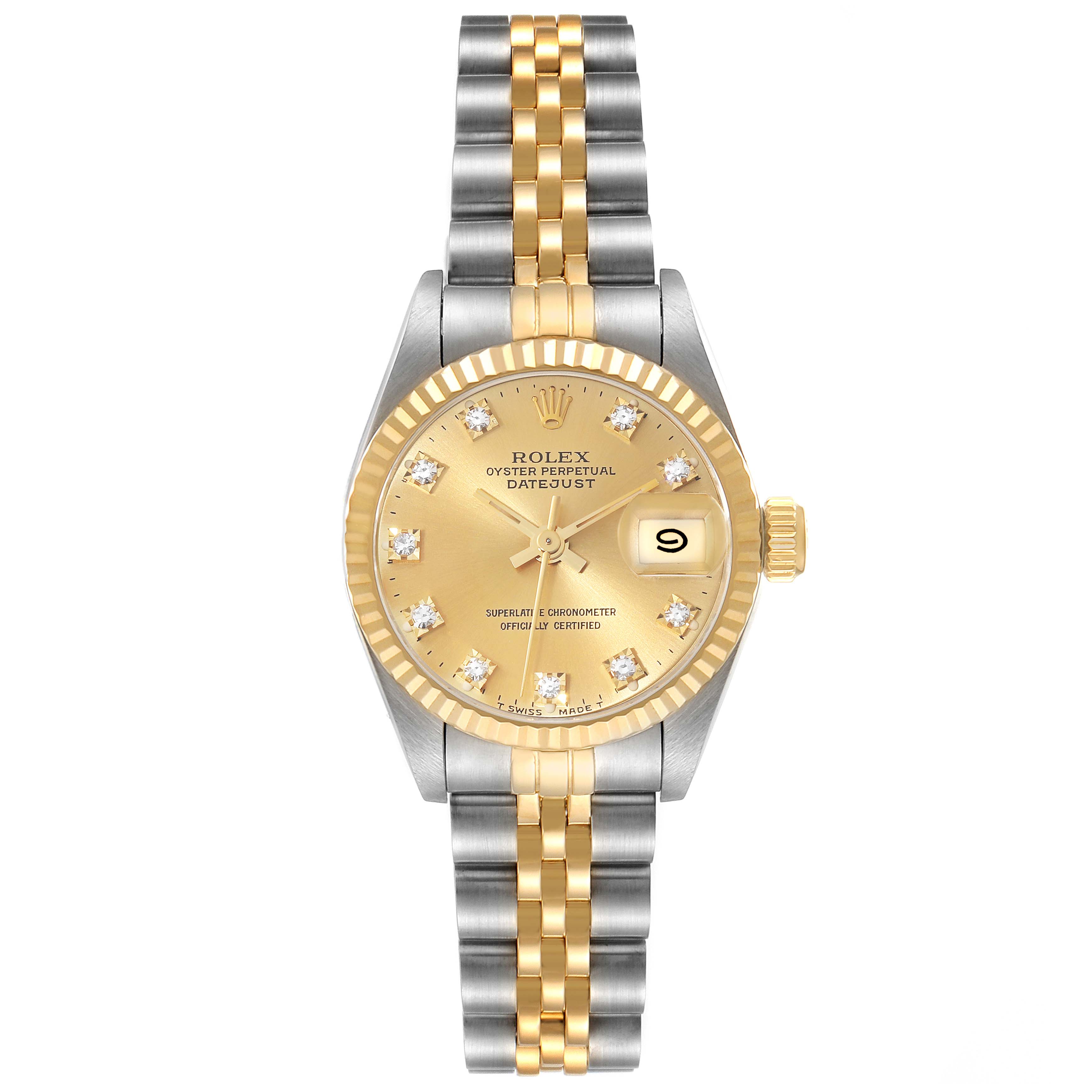 The image shows a front view of a Rolex Datejust 69173G Women's Steel and Gold (two tone) Champagne Dial 69173G Women's Steel and Gold (two tone) Champagne Dial watch, including the dial, bezel, bracelet, and clasp.