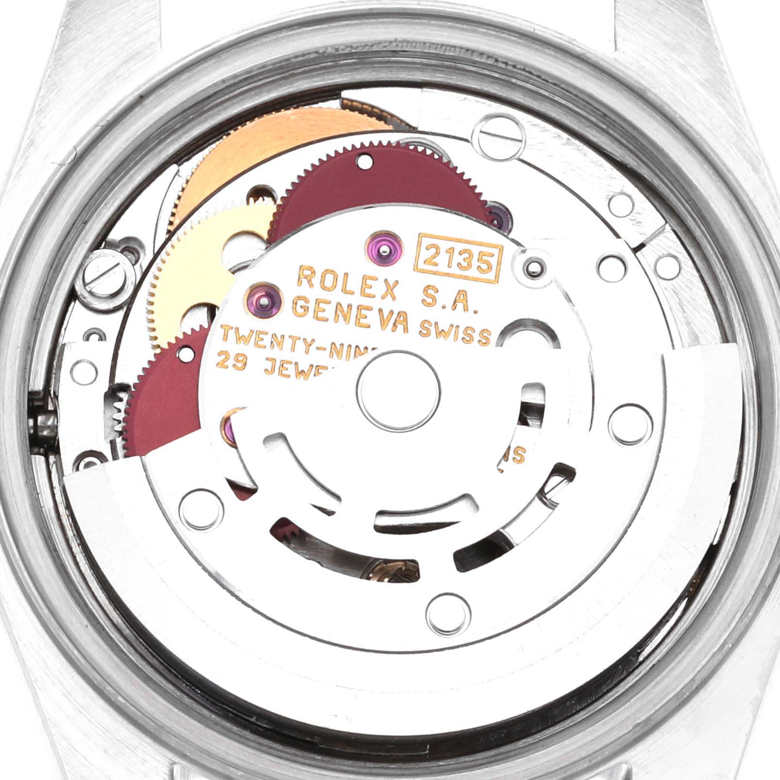 This image shows the internal mechanism of a Rolex Datejust 69173G Women's Steel and Gold (two tone) Champagne Dial 69173G Women's Steel and Gold (two tone) Champagne Dial watch viewed from the back case.