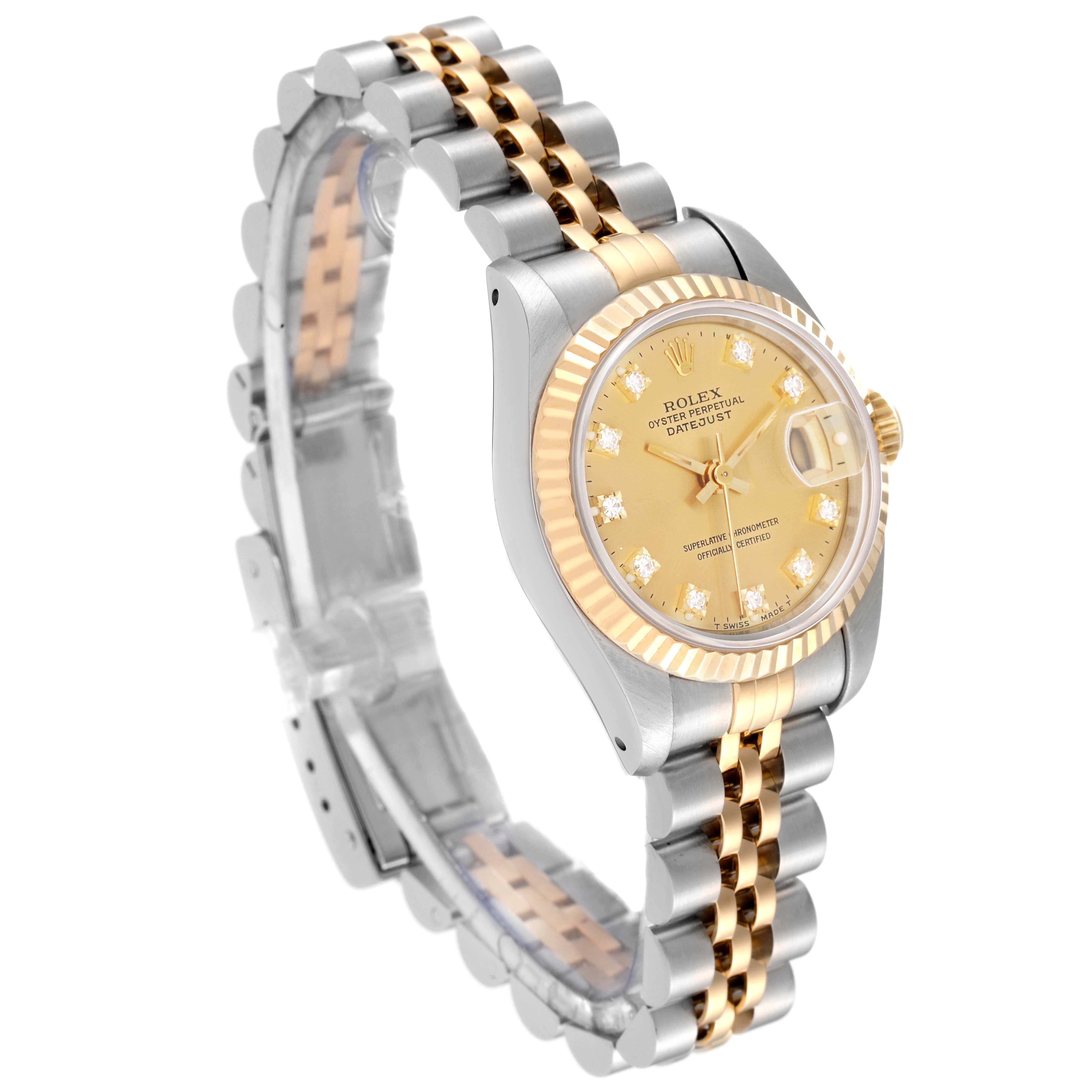 The image shows a Rolex Datejust 69173G Women's Steel and Gold (two tone) Champagne Dial 69173G Women's Steel and Gold (two tone) Champagne Dial watch at a slight angle, highlighting the face, bezel, and two-tone bracelet.