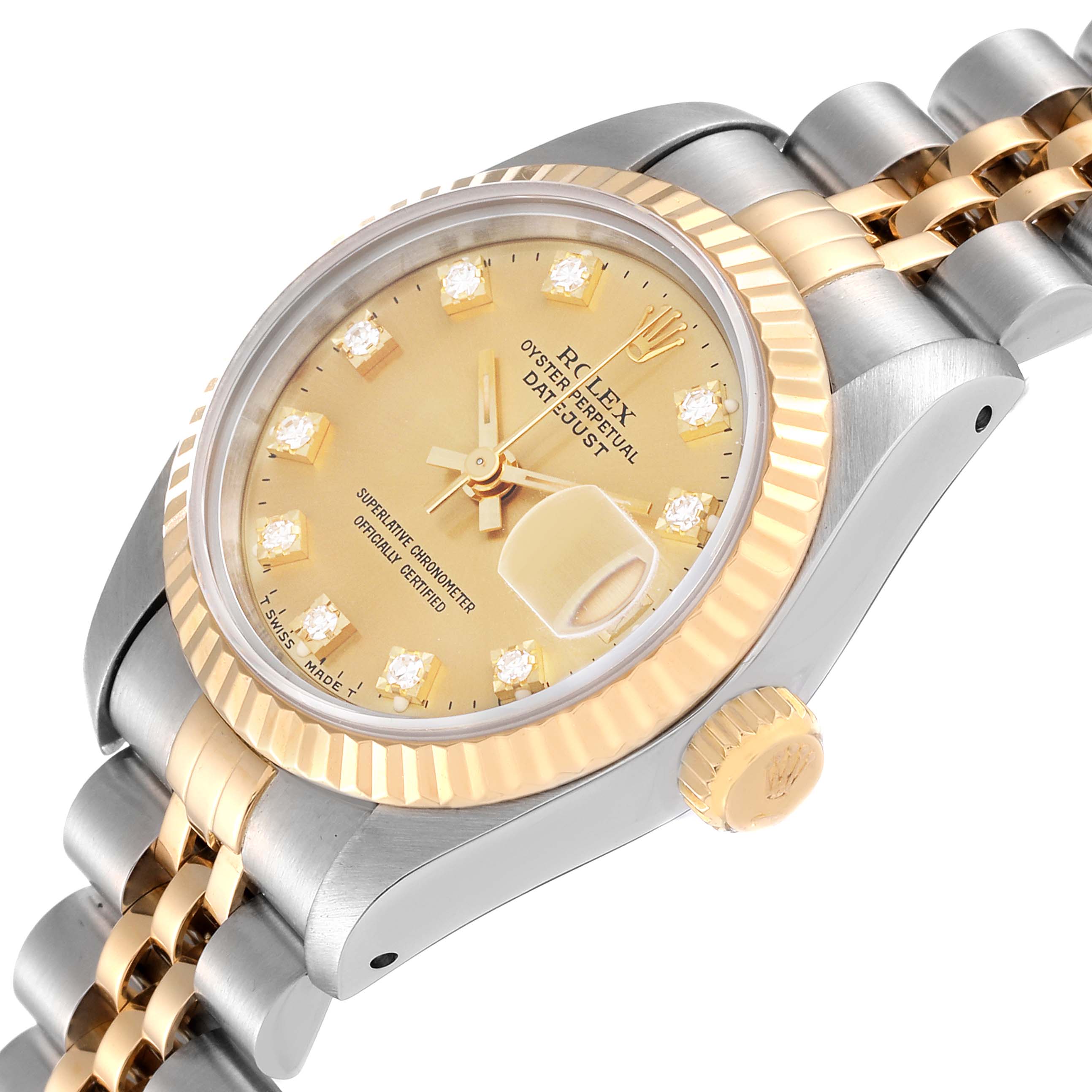 The Rolex Datejust 69173G Women's Steel and Gold (two tone) Champagne Dial 69173G Women's Steel and Gold (two tone) Champagne Dial watch is shown at an oblique angle, highlighting its bezel, crown, and part of the bracelet.