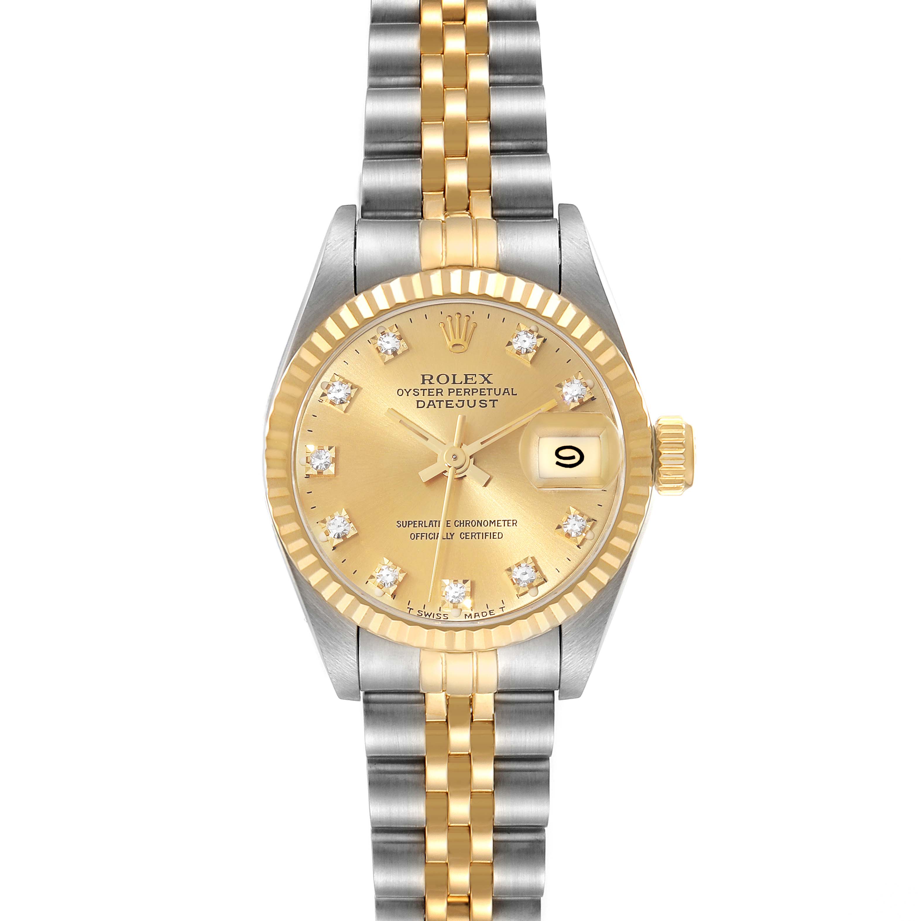 The image shows a front view of a Rolex Datejust 69173G Women's Steel and Gold (two tone) Champagne Dial 69173G Women's Steel and Gold (two tone) Champagne Dial watch, featuring a gold and silver bracelet, fluted bezel, and diamond hour markers.