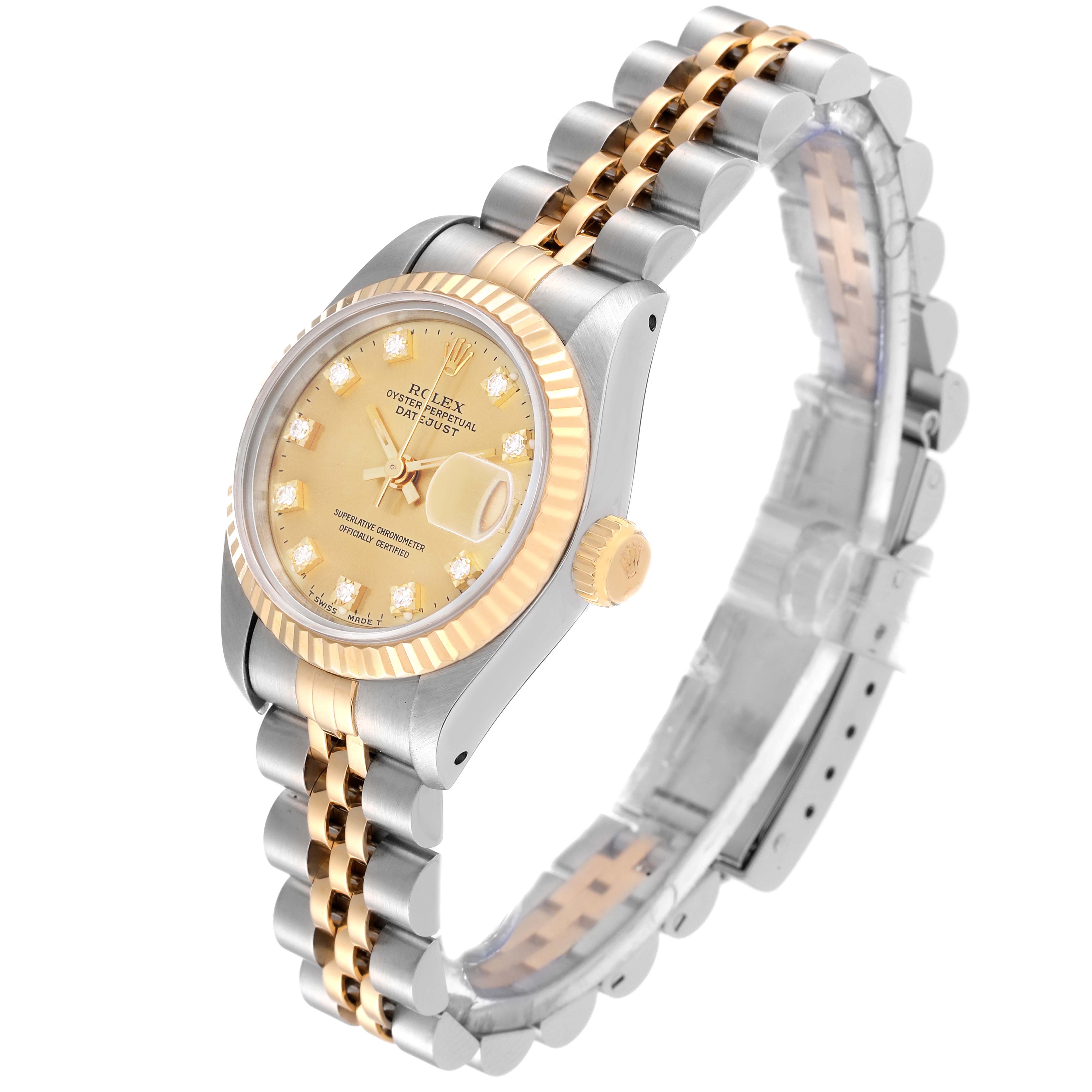 The image shows a side angle of a Rolex Datejust 69173G Women's Steel and Gold (two tone) Champagne Dial 69173G Women's Steel and Gold (two tone) Champagne Dial watch, highlighting its two-tone bracelet, champagne dial, and fluted bezel.