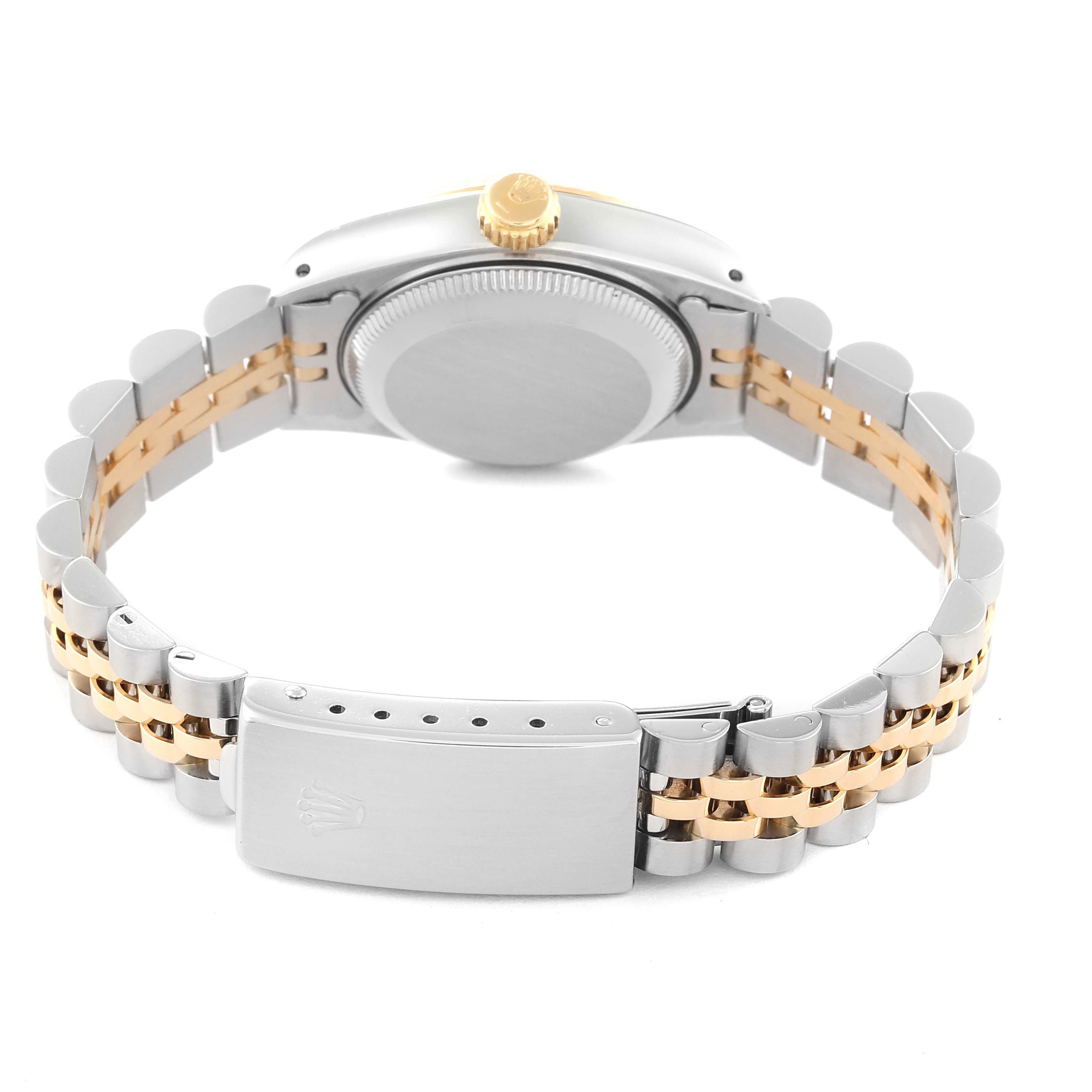 The image shows the back of a Rolex Datejust 69173G Women's Steel and Gold (two tone) Champagne Dial 69173G Women's Steel and Gold (two tone) Champagne Dial, highlighting its case back, crown, and two-tone Jubilee bracelet with a clasp.