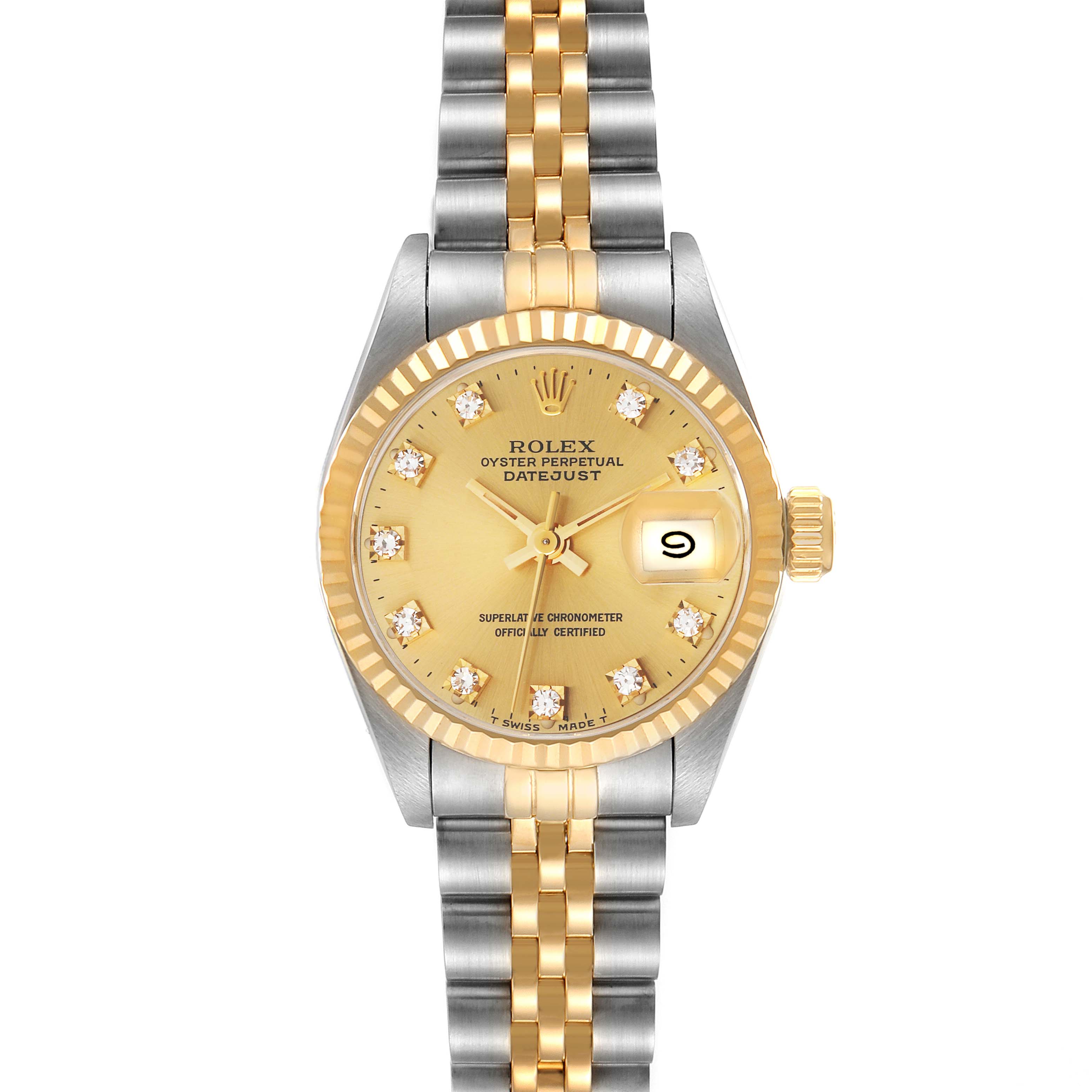 This image shows a front view of a Rolex Datejust 69173 Women's Steel and Gold (two tone) Champagne Dial 69173 Women's Steel and Gold (two tone) Champagne Dial watch, displaying the dial, bezel, crown, and bracelet.