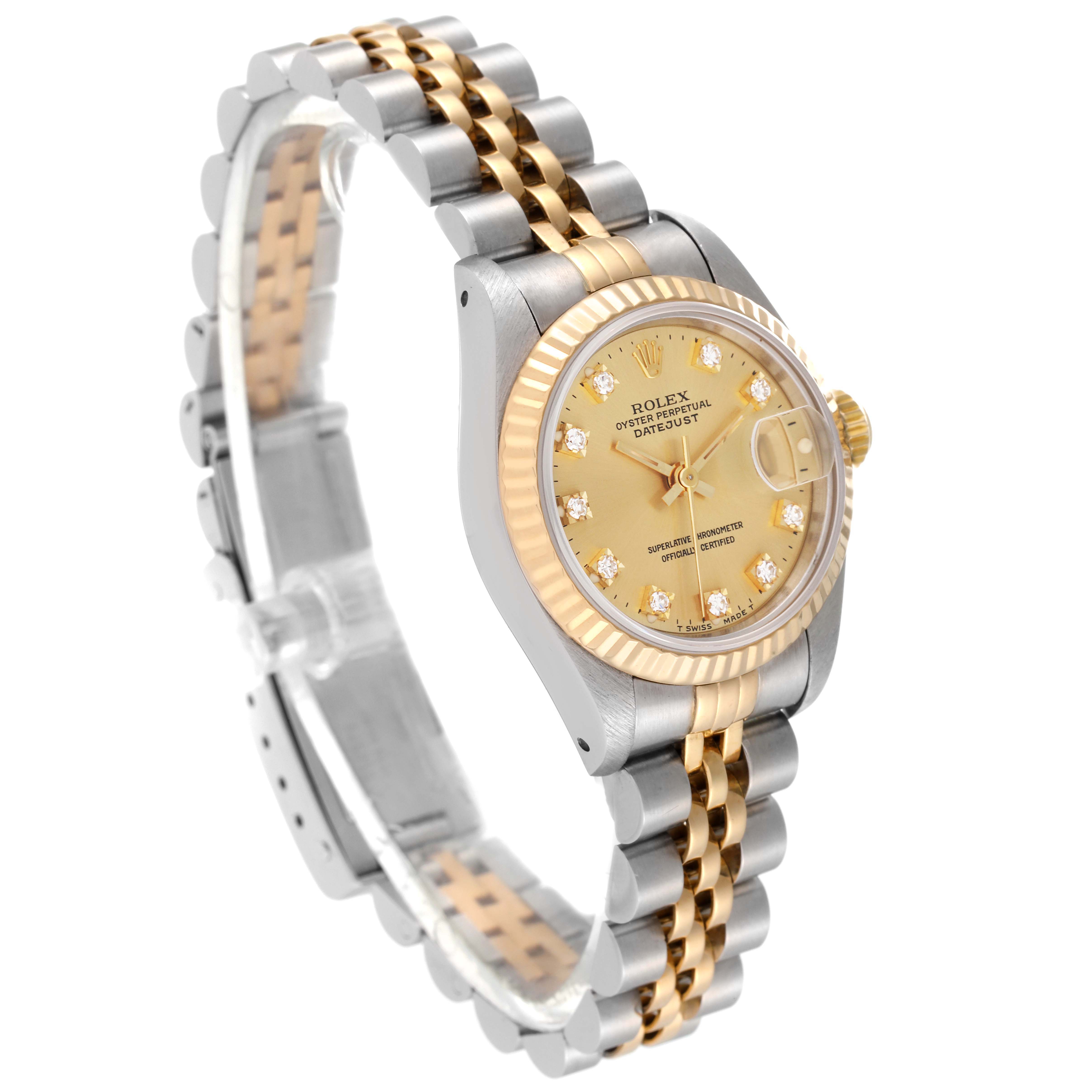 The Rolex Datejust 69173 Women's Steel and Gold (two tone) Champagne Dial 69173 Women's Steel and Gold (two tone) Champagne Dial watch is shown at a slight angle displaying the face, bezel, crown, and two-tone bracelet.