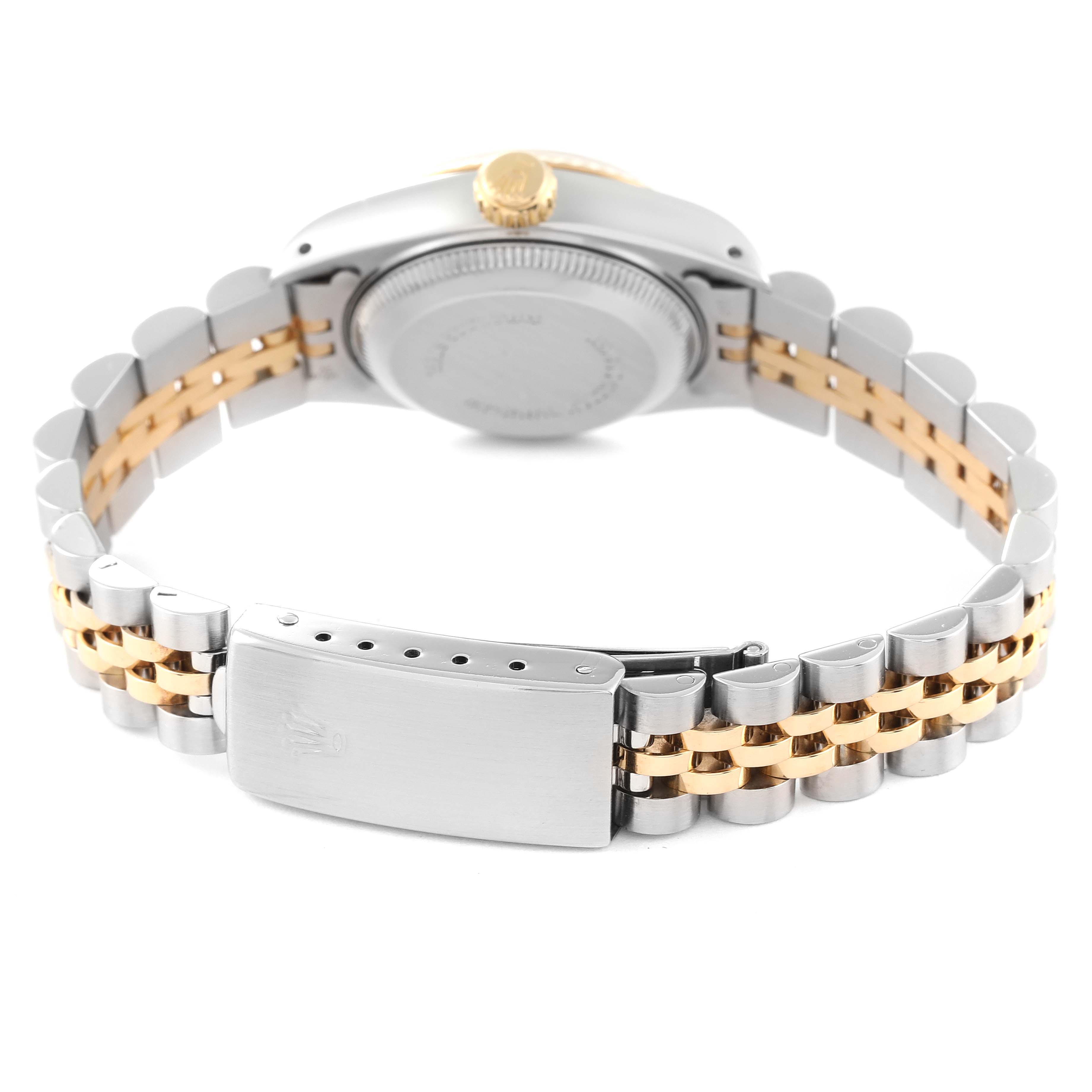 This image shows the back of a Rolex Datejust 69173 Women's Steel and Gold (two tone) Champagne Dial 69173 Women's Steel and Gold (two tone) Champagne Dial watch, focusing on the clasp, bracelet, and case back.