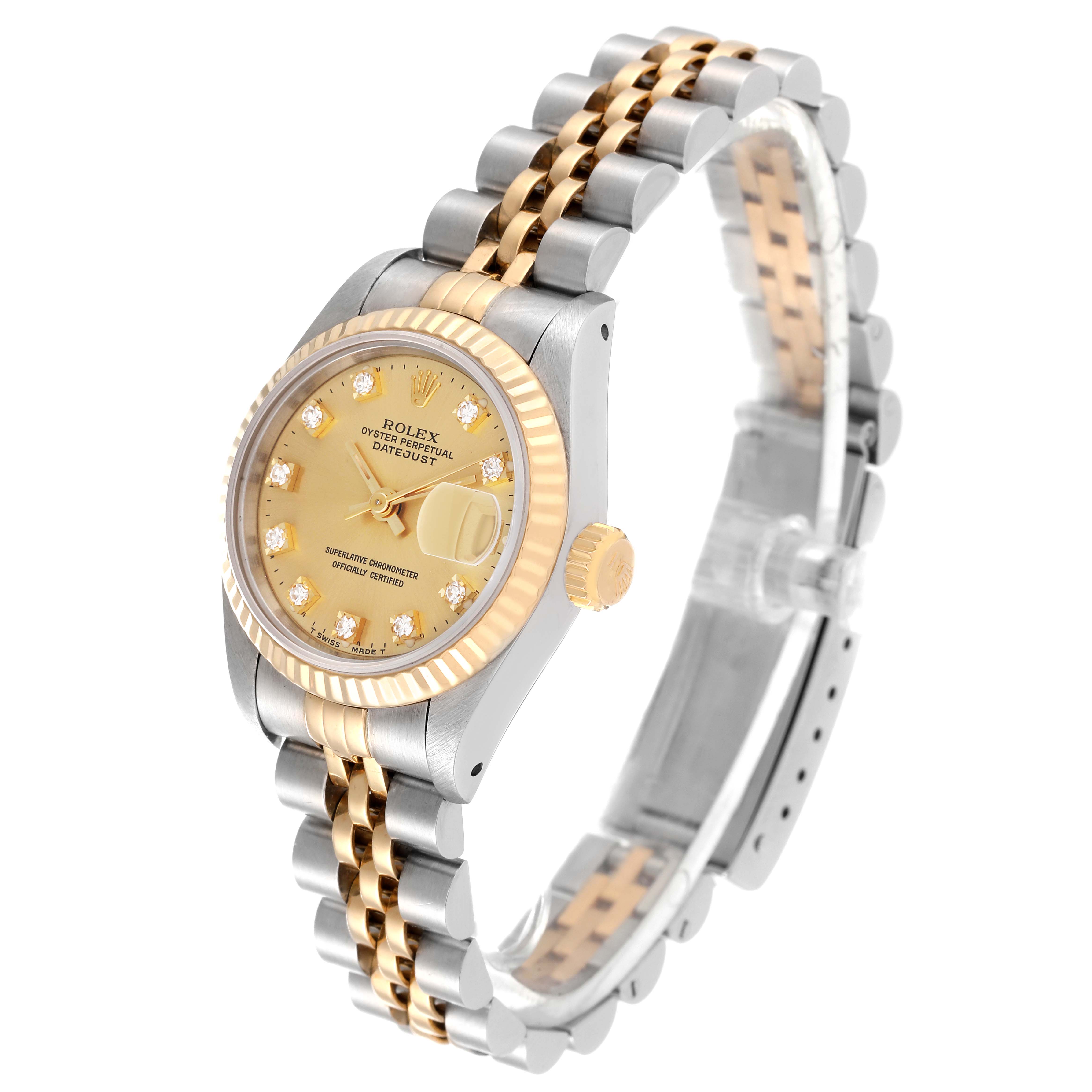 The Rolex Datejust 69173 Women's Steel and Gold (two tone) Champagne Dial 69173 Women's Steel and Gold (two tone) Champagne Dial watch is shown at an angle highlighting its gold and silver bracelet, gold dial, and diamond hour markers.