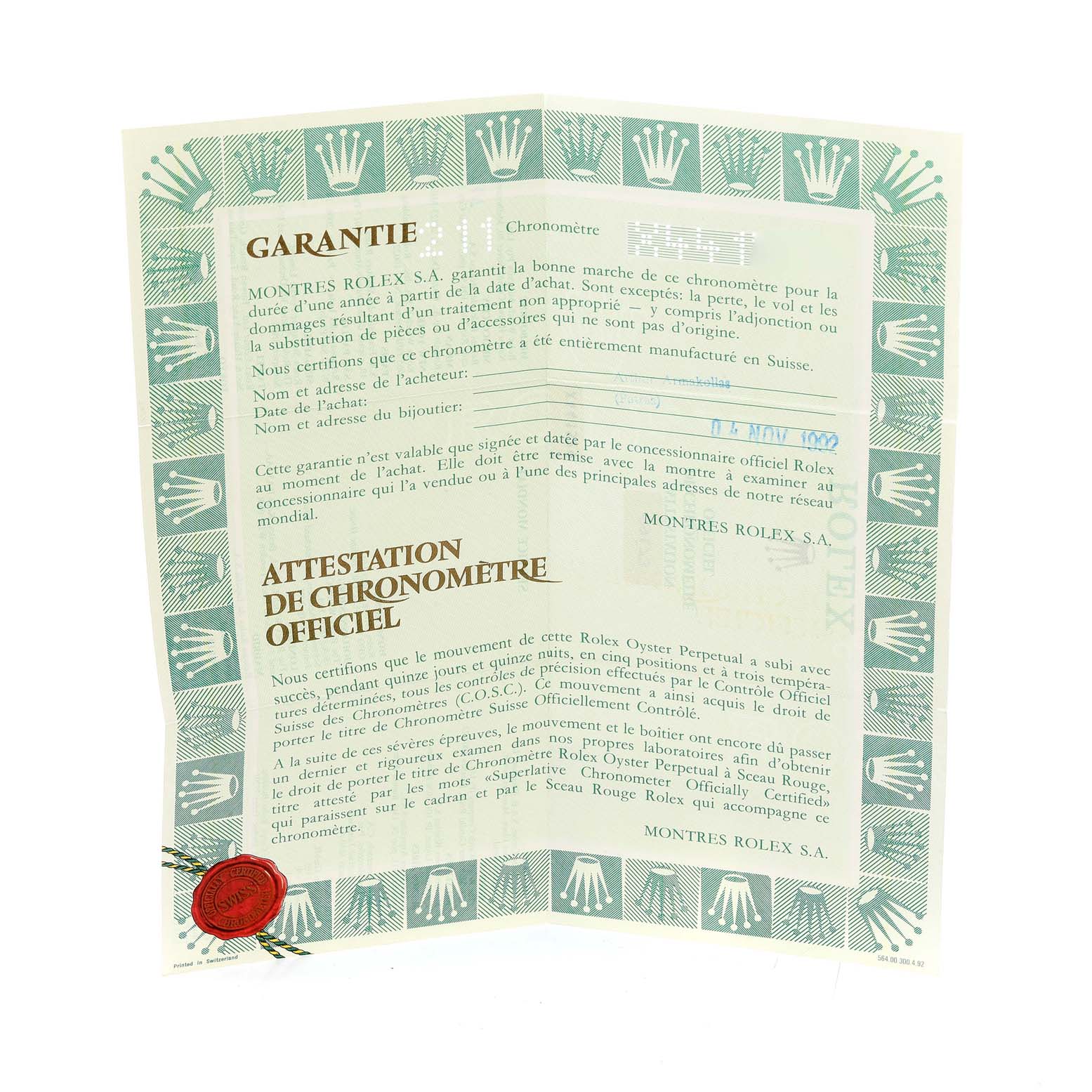 This image shows the warranty and official chronometer certification document for a Rolex Datejust 69173 Women's Steel and Gold (two tone) Champagne Dial 69173 Women's Steel and Gold (two tone) Champagne Dial watch.