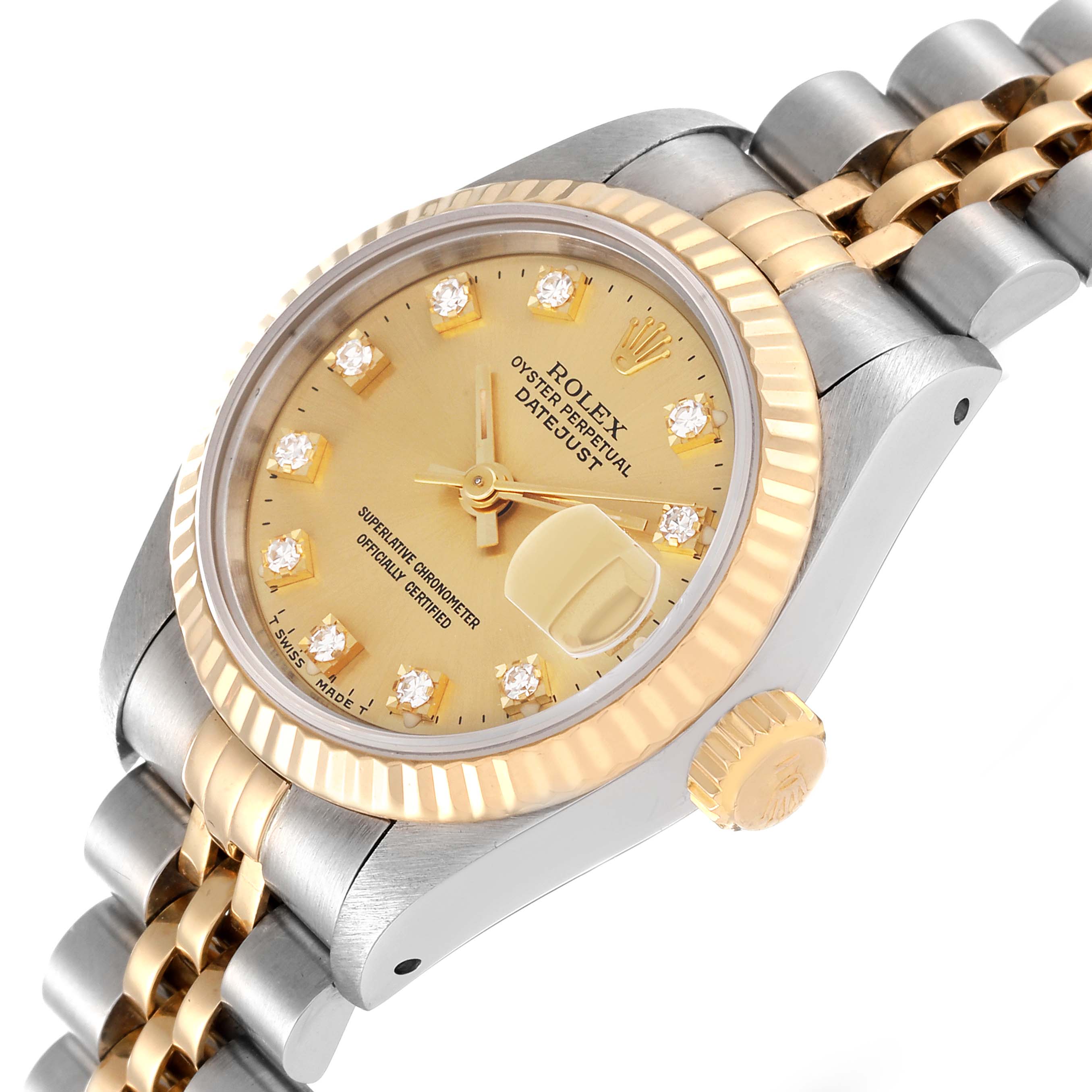 The image shows a close-up of a Rolex Datejust 69173 Women's Steel and Gold (two tone) Champagne Dial 69173 Women's Steel and Gold (two tone) Champagne Dial watch, displaying its face, crown, and part of the bracelet at a side angle.