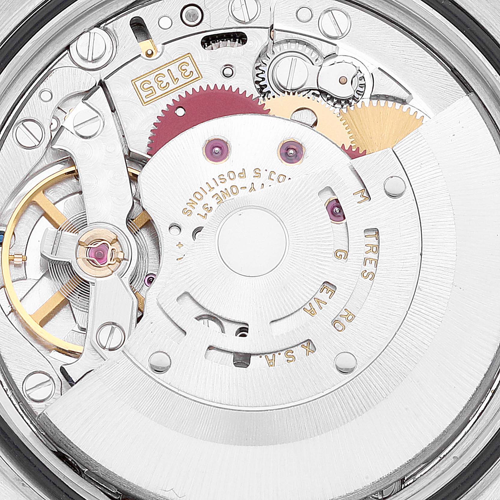This is a close-up view of the Datejust model movement mechanism by Rolex, showing various gears and components.
