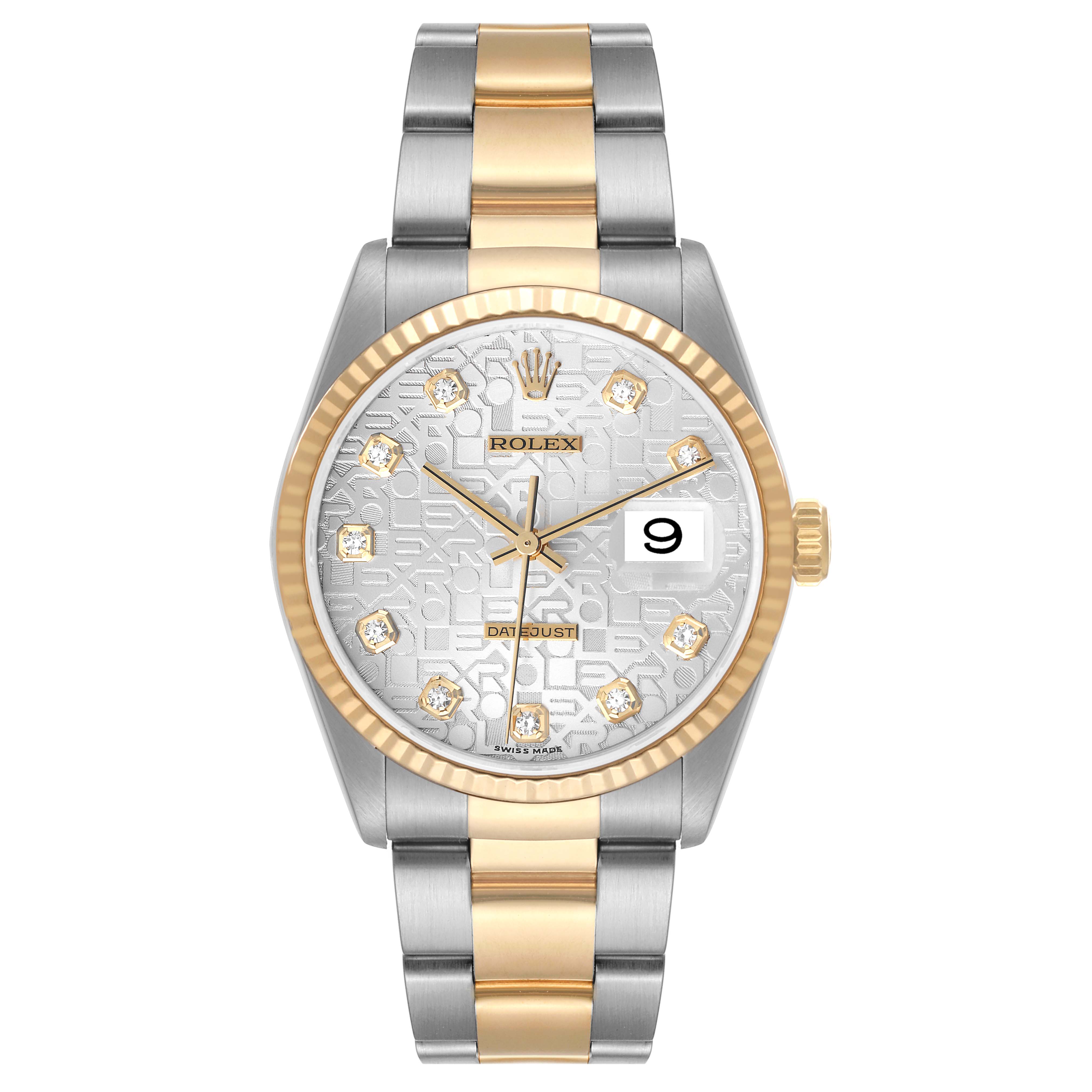 The Rolex Datejust 16233 Men's Steel and Gold (two tone) Silver Dial 16233 Men's Steel and Gold (two tone) Silver Dial watch is shown from a front angle, detailing its face, dial, bezel, crown, and two-tone bracelet.