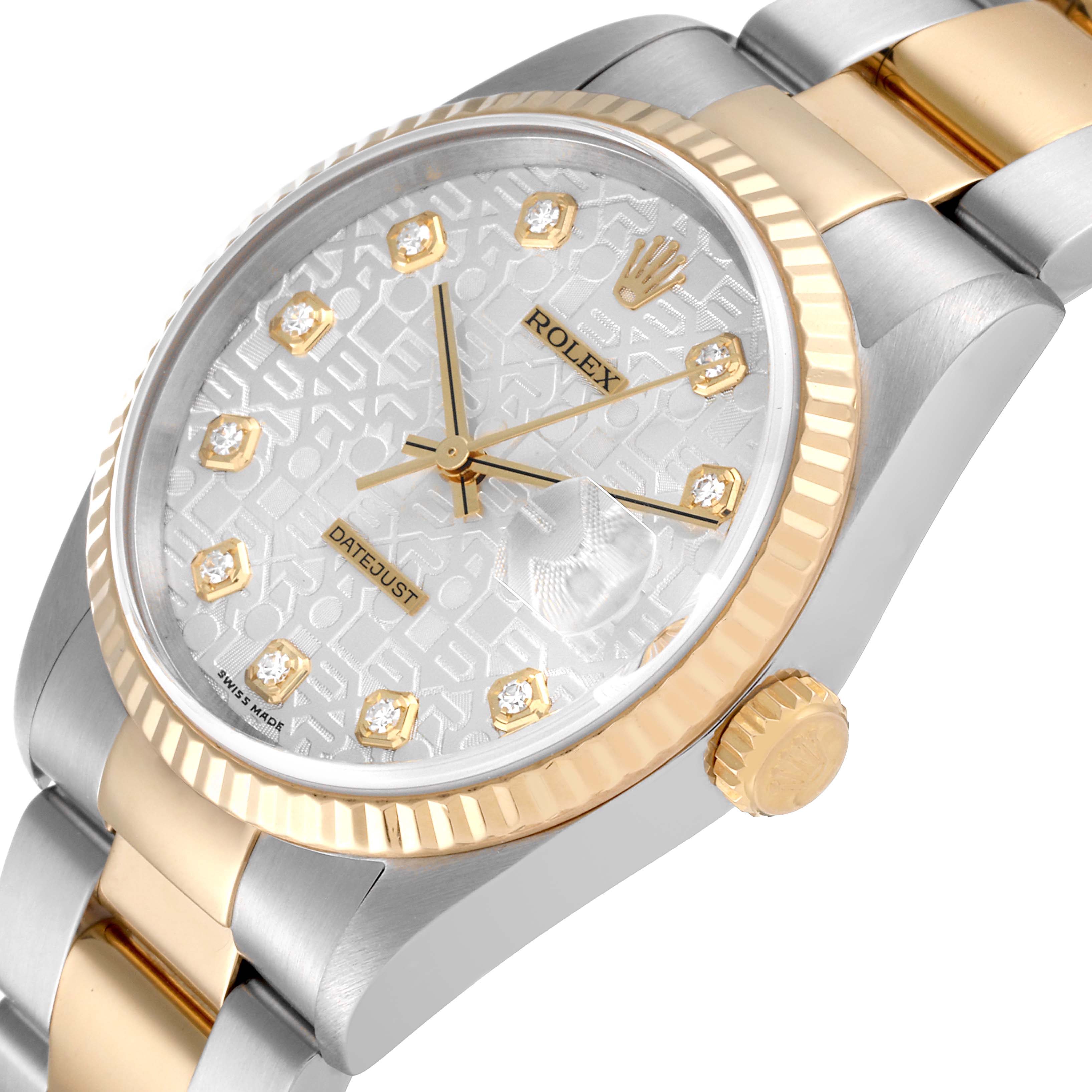 Rolex Datejust 16233 Men's Steel and Gold (two tone) Silver Dial 16233 Men's Steel and Gold (two tone) Silver Dial shown at a tilted angle, highlighting the dial, bezel, crown, and bracelet.