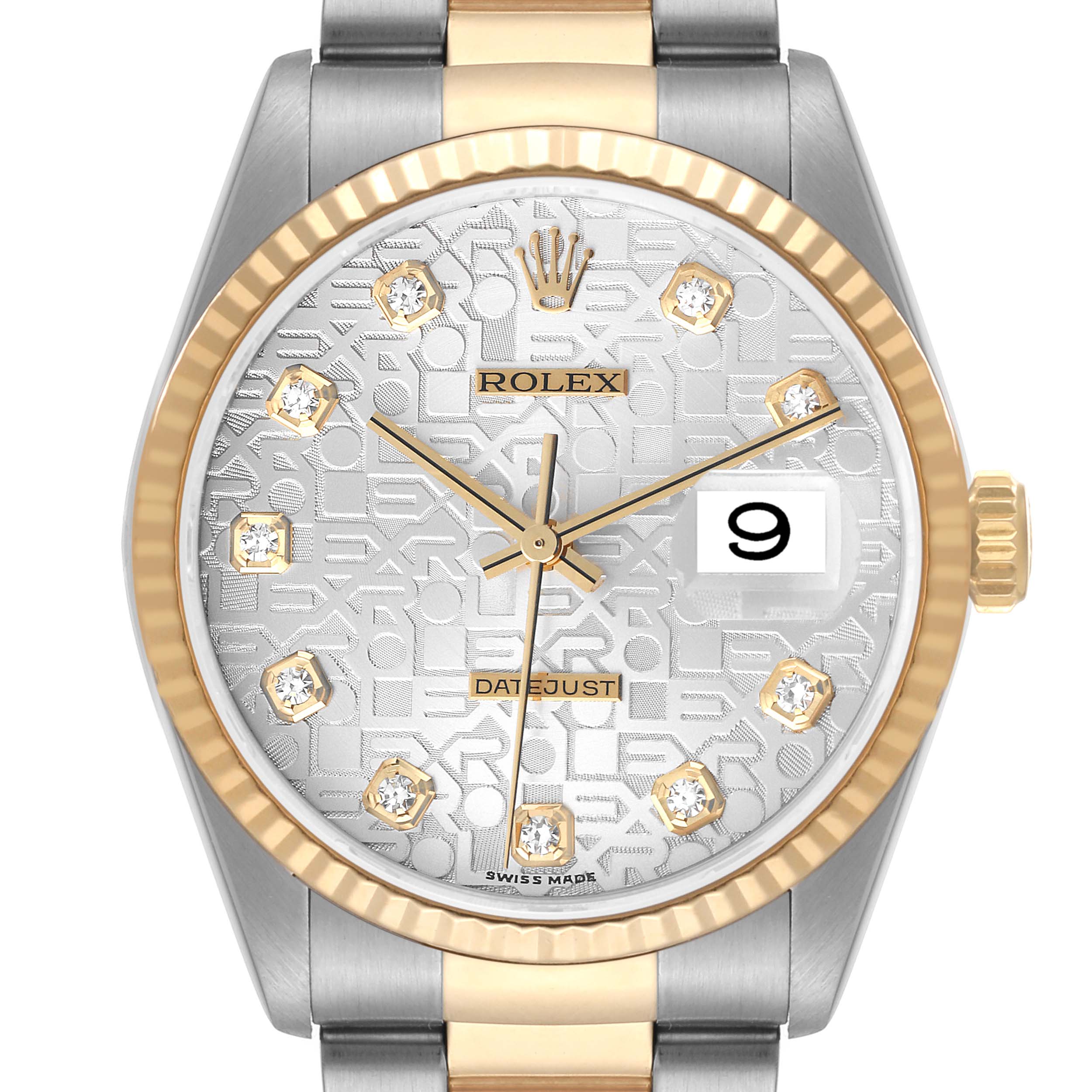 This image shows a close-up front view of a Rolex Datejust 16233 Men's Steel and Gold (two tone) Silver Dial 16233 Men's Steel and Gold (two tone) Silver Dial watch highlighting its dial, hands, date window, and part of the bracelet.