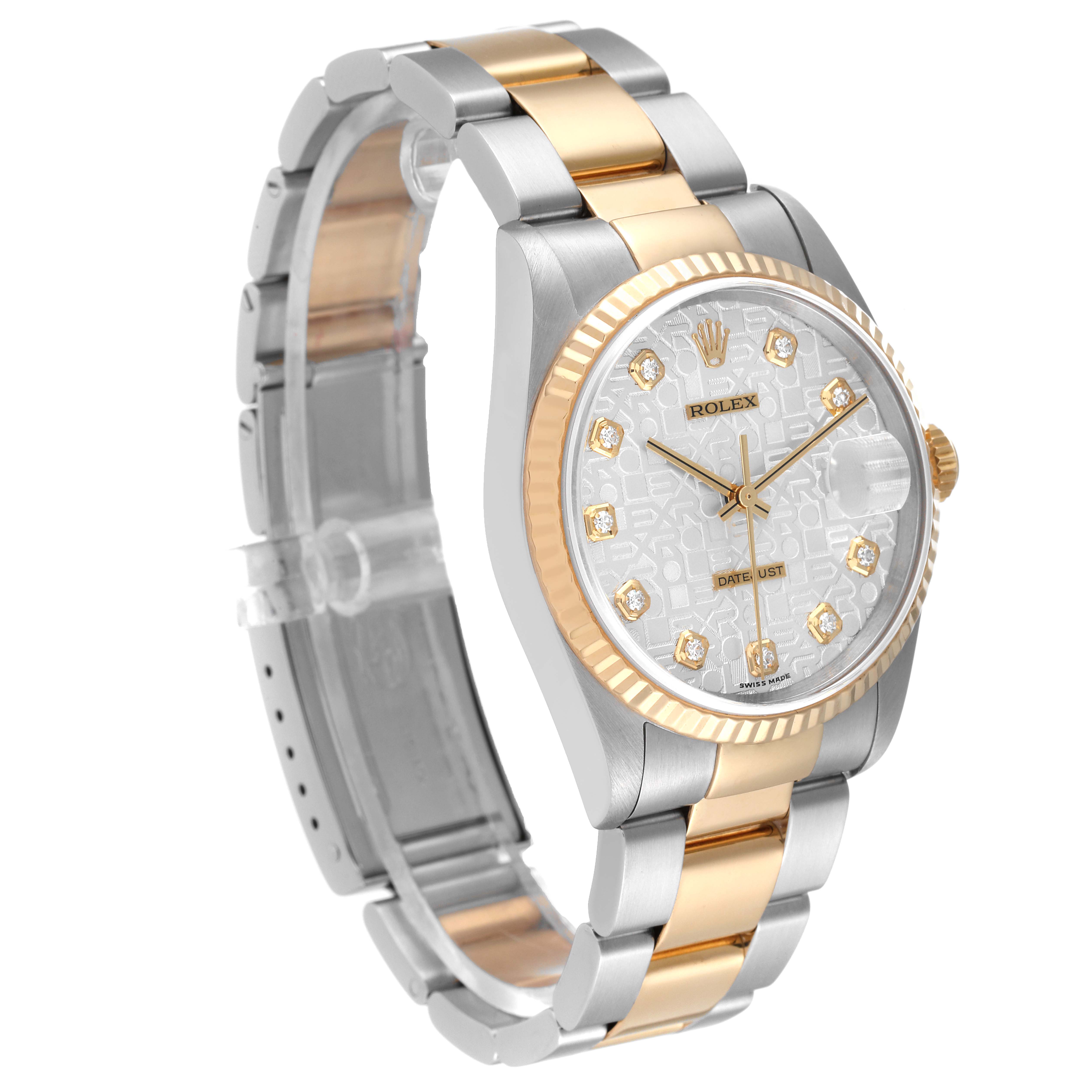 The image shows a Rolex Datejust 16233 Men's Steel and Gold (two tone) Silver Dial 16233 Men's Steel and Gold (two tone) Silver Dial watch at a slightly tilted angle, displaying its face, bezel, and a portion of the bracelet.
