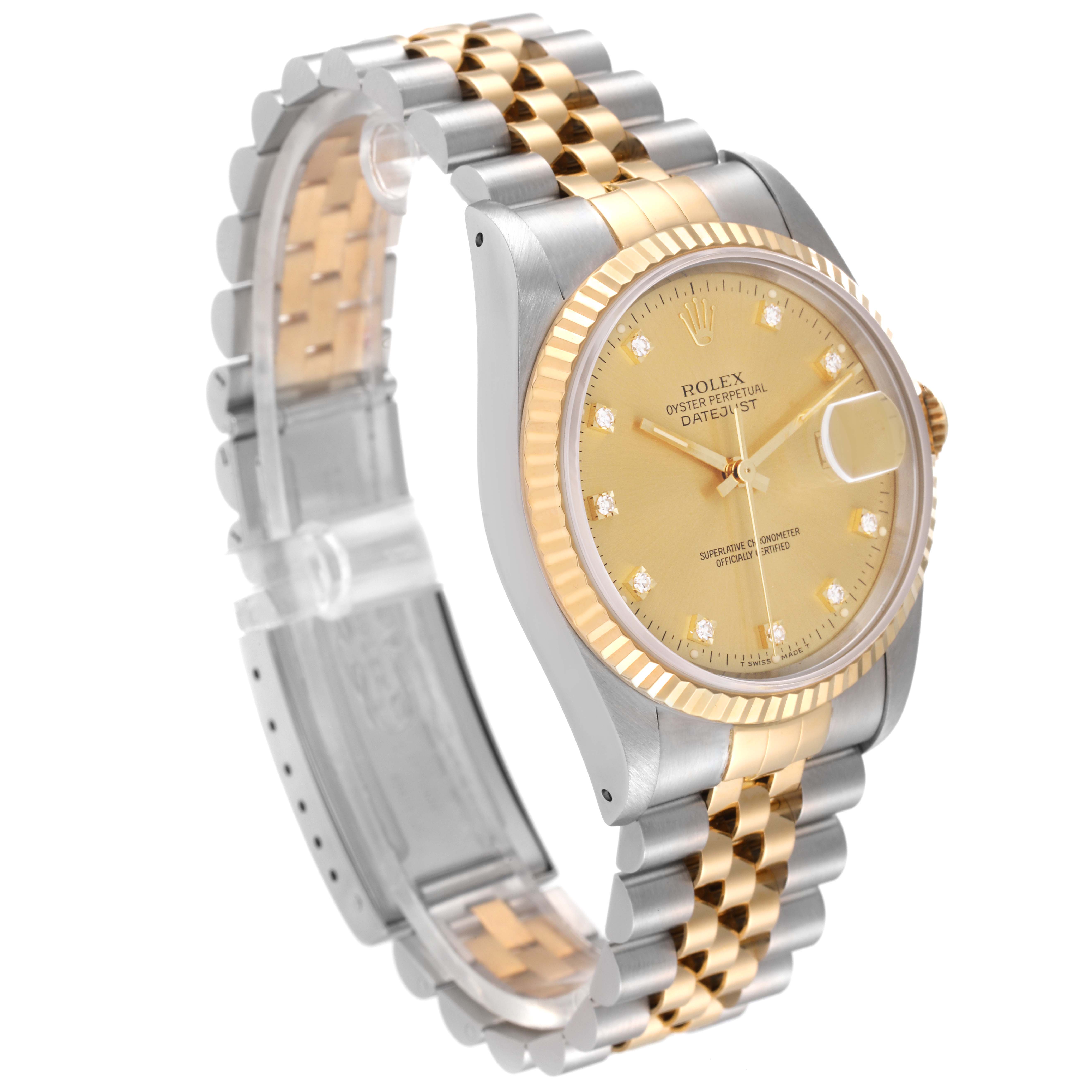 The Rolex Datejust 16233 Men's Steel and Gold (two tone) Champagne Dial 16233 Men's Steel and Gold (two tone) Champagne Dial watch is shown at a slight angle, displaying its gold dial, two-tone bracelet, fluted bezel, and date window.