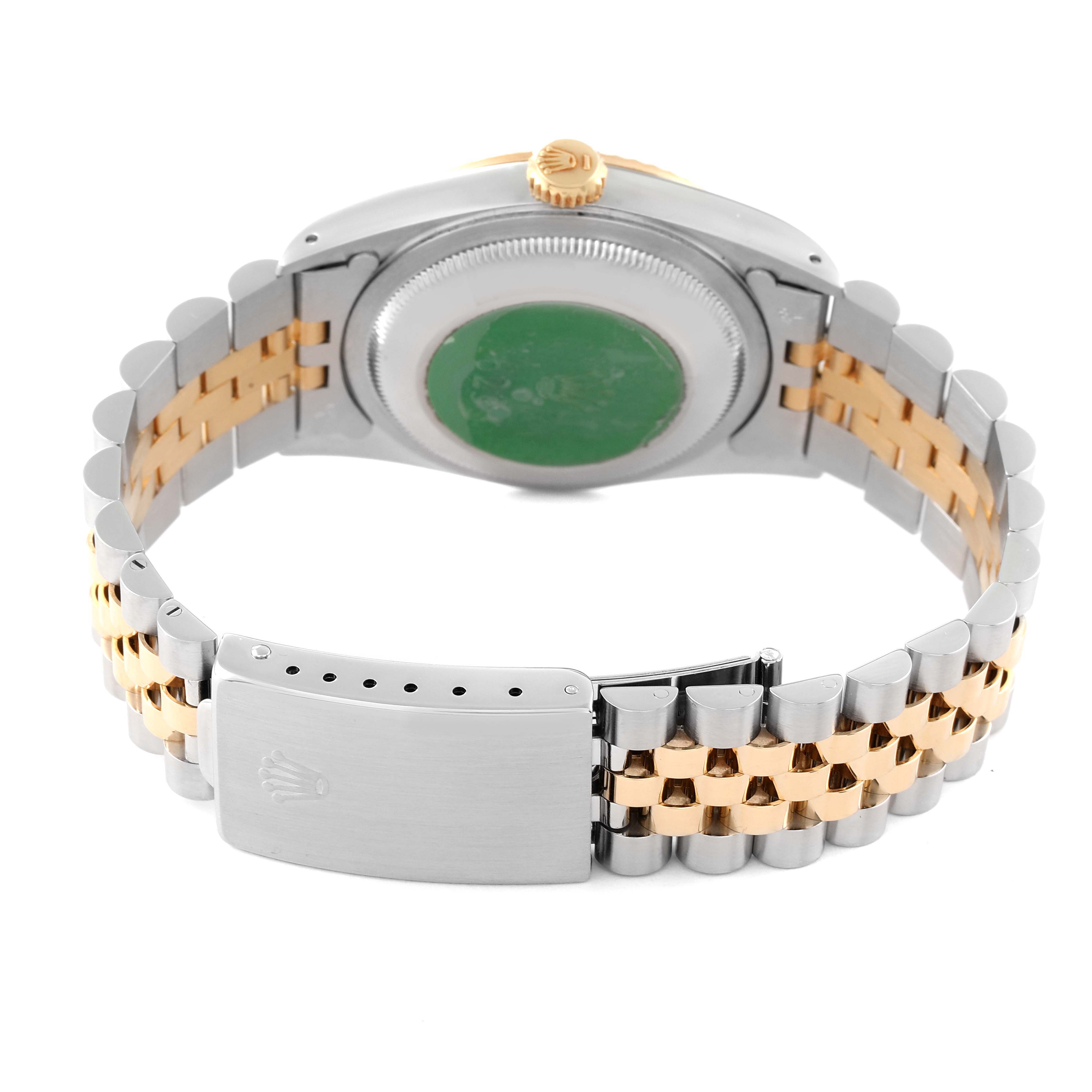 This image shows the back case and bracelet of a Rolex Datejust 16233 Men's Steel and Gold (two tone) Champagne Dial 16233 Men's Steel and Gold (two tone) Champagne Dial model, highlighting the two-tone metal and the clasp.