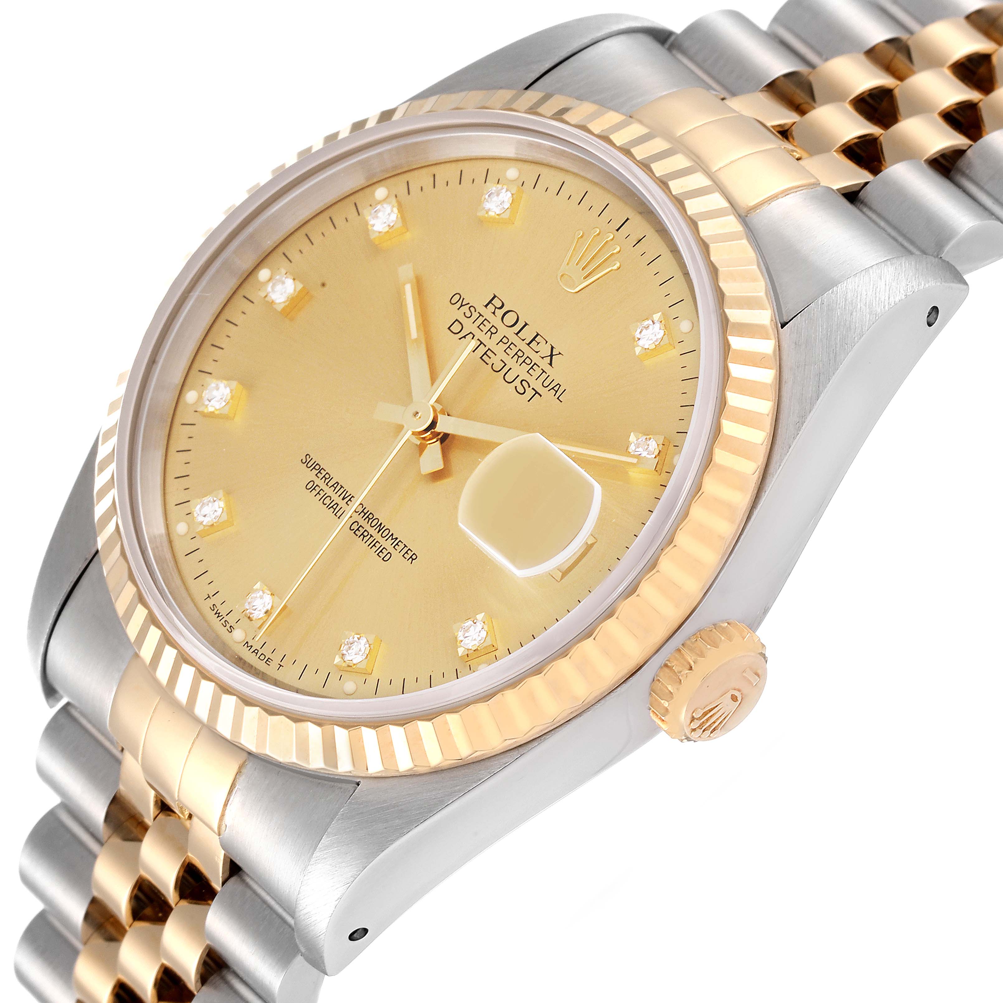 This image shows the face, crown, and part of the bracelet of the Rolex Datejust 16233 Men's Steel and Gold (two tone) Champagne Dial 16233 Men's Steel and Gold (two tone) Champagne Dial watch at an oblique angle.