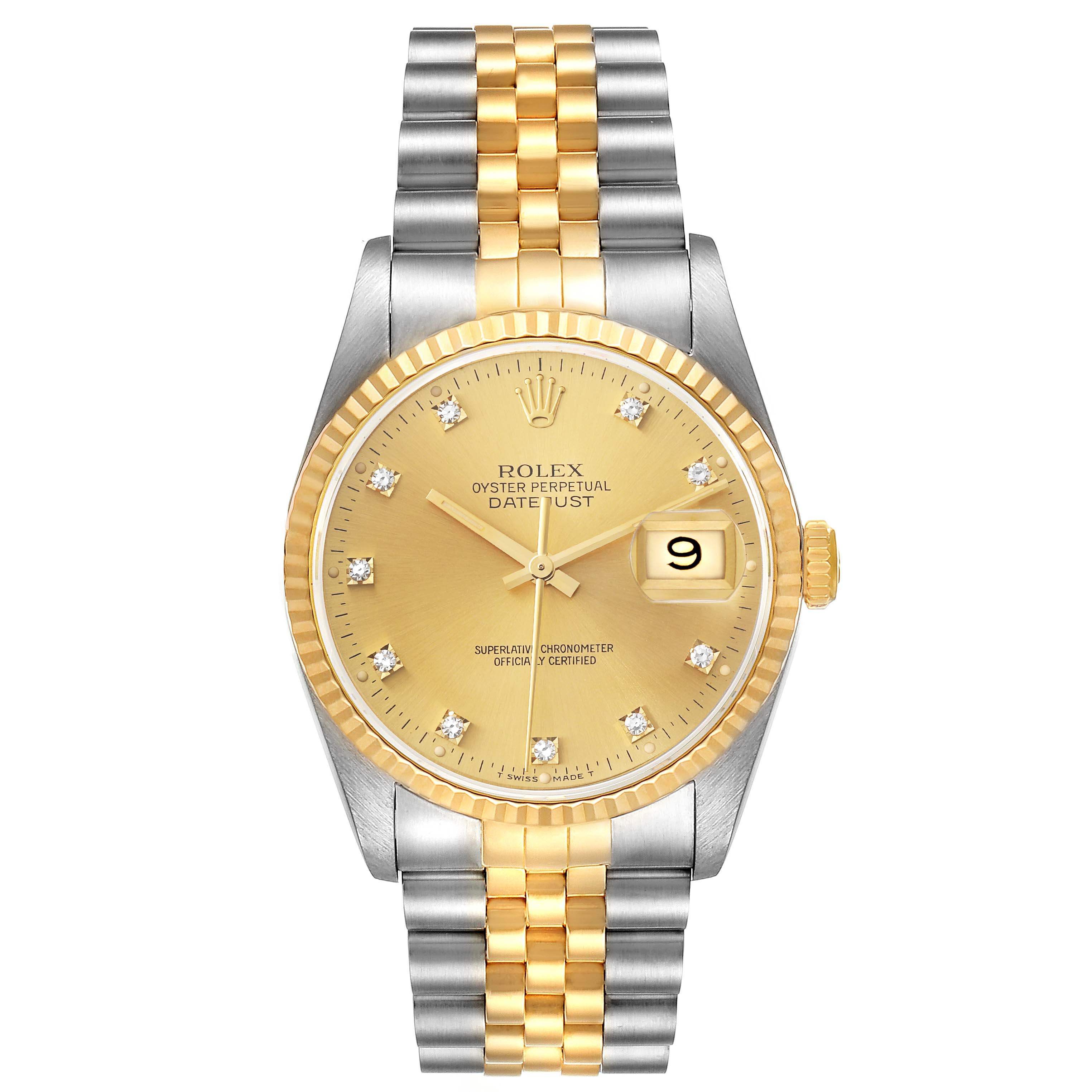 The image shows the Rolex Datejust 16233 Men's Steel and Gold (two tone) Champagne Dial 16233 Men's Steel and Gold (two tone) Champagne Dial watch from a front view, highlighting the face, bezel, bracelet, and date window.
