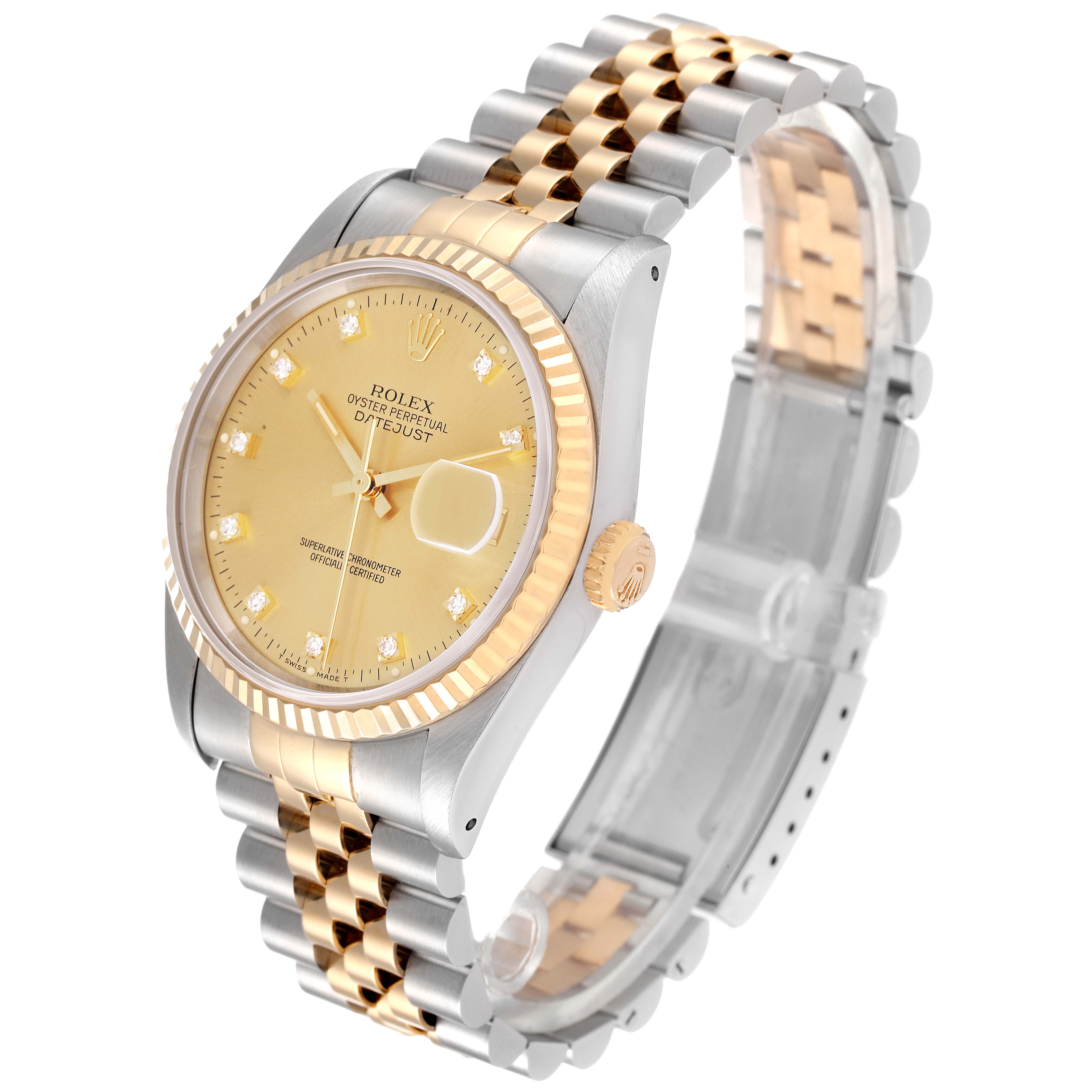 The image shows a Rolex Datejust 16233 Men's Steel and Gold (two tone) Champagne Dial 16233 Men's Steel and Gold (two tone) Champagne Dial watch at an angle highlighting its gold dial, fluted bezel, and two-tone Jubilee bracelet.