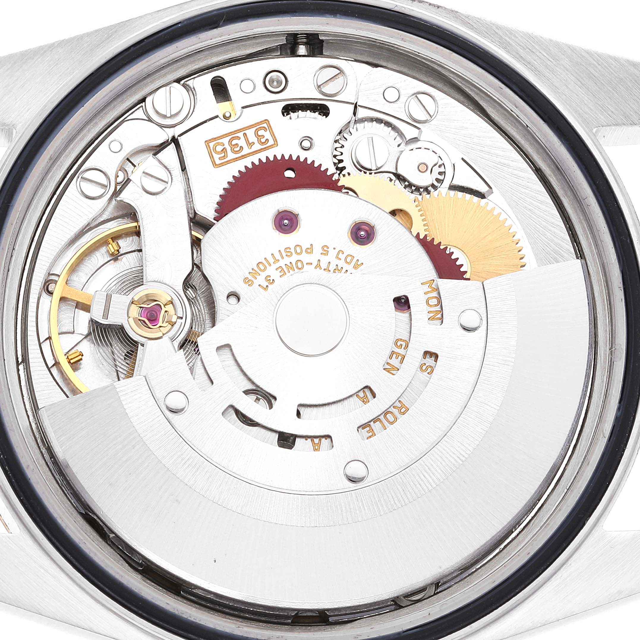 This image shows a close-up view of the movement mechanism inside a Rolex Datejust 16233 Men's Steel and Gold (two tone) Champagne Dial 16233 Men's Steel and Gold (two tone) Champagne Dial watch.