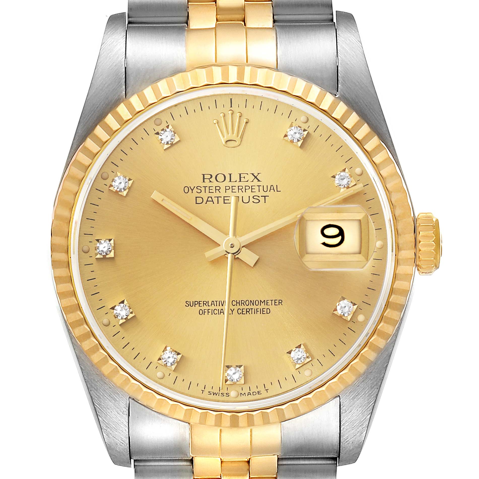 This image shows a front view of a Rolex Datejust 16233 Men's Steel and Gold (two tone) Champagne Dial 16233 Men's Steel and Gold (two tone) Champagne Dial watch, highlighting its gold dial, fluted bezel, and two-tone bracelet.