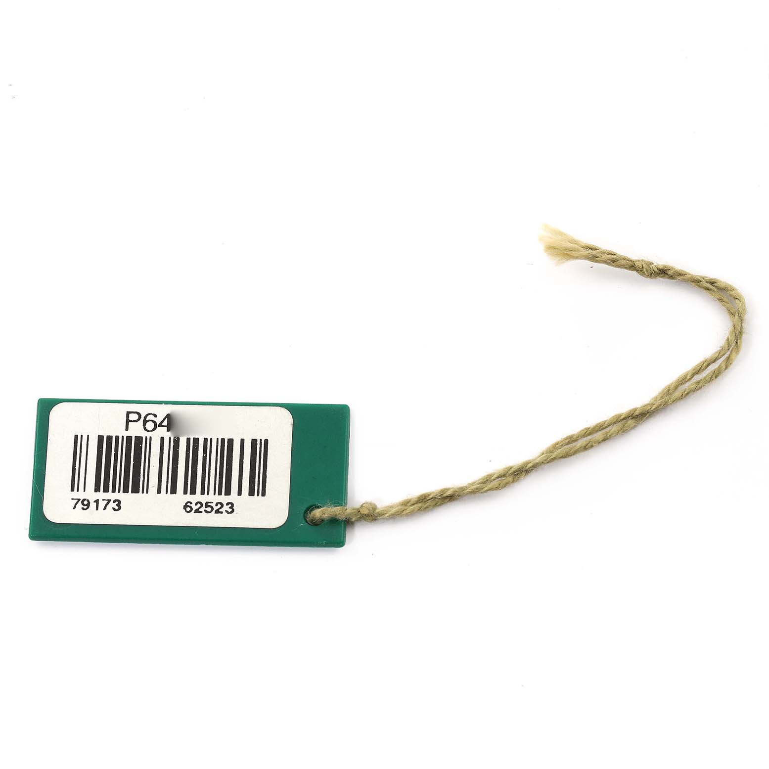 The image shows a Rolex Datejust 79173 Women's Steel and Gold (two tone) Beige Dial 79173 Women's Steel and Gold (two tone) Beige Dial model green tag with a string attached, featuring a barcode and the number P64.