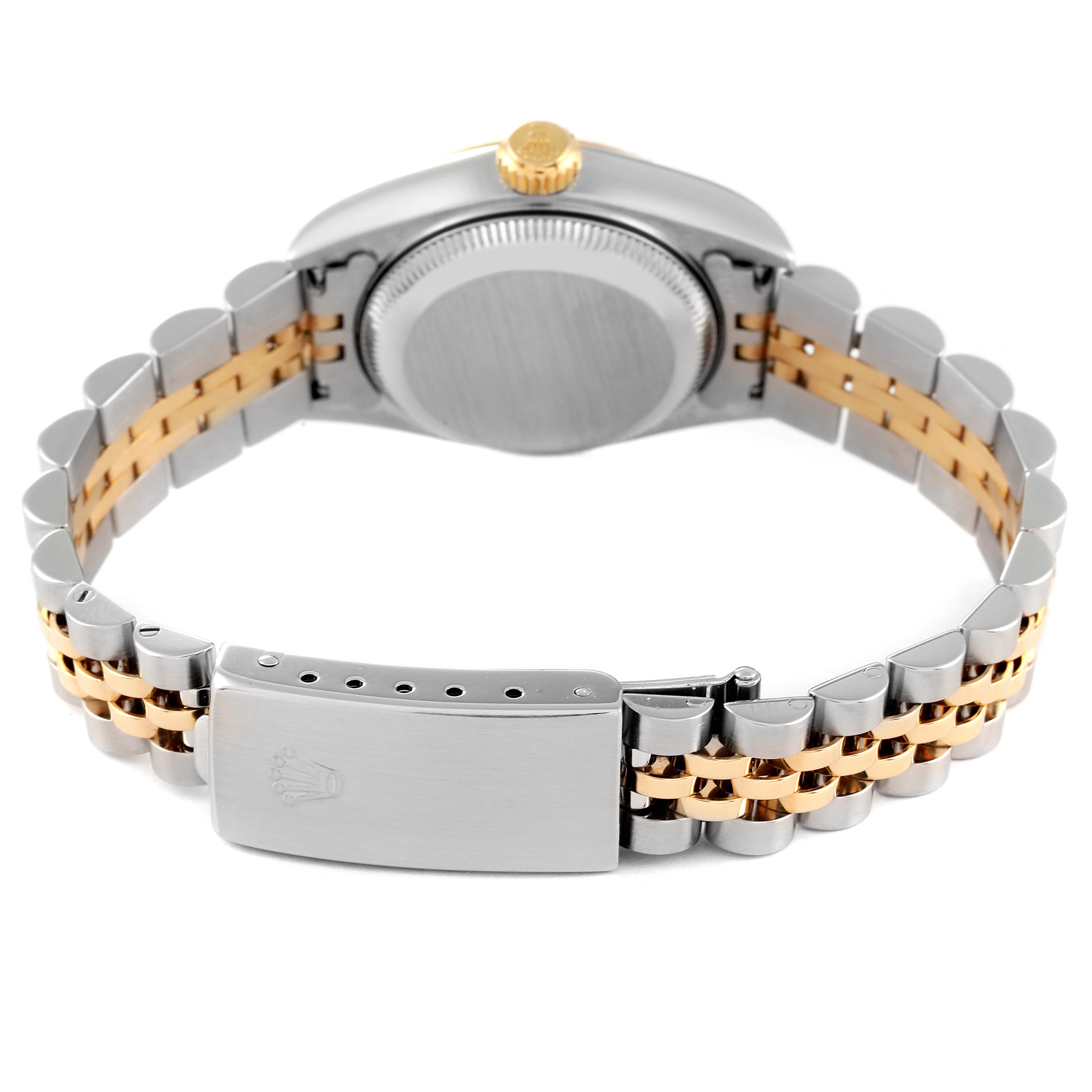 The image shows the back of a Rolex Datejust 79173 Women's Steel and Gold (two tone) Beige Dial 79173 Women's Steel and Gold (two tone) Beige Dial watch, including the case, crown, and Jubilee bracelet with a clasp.