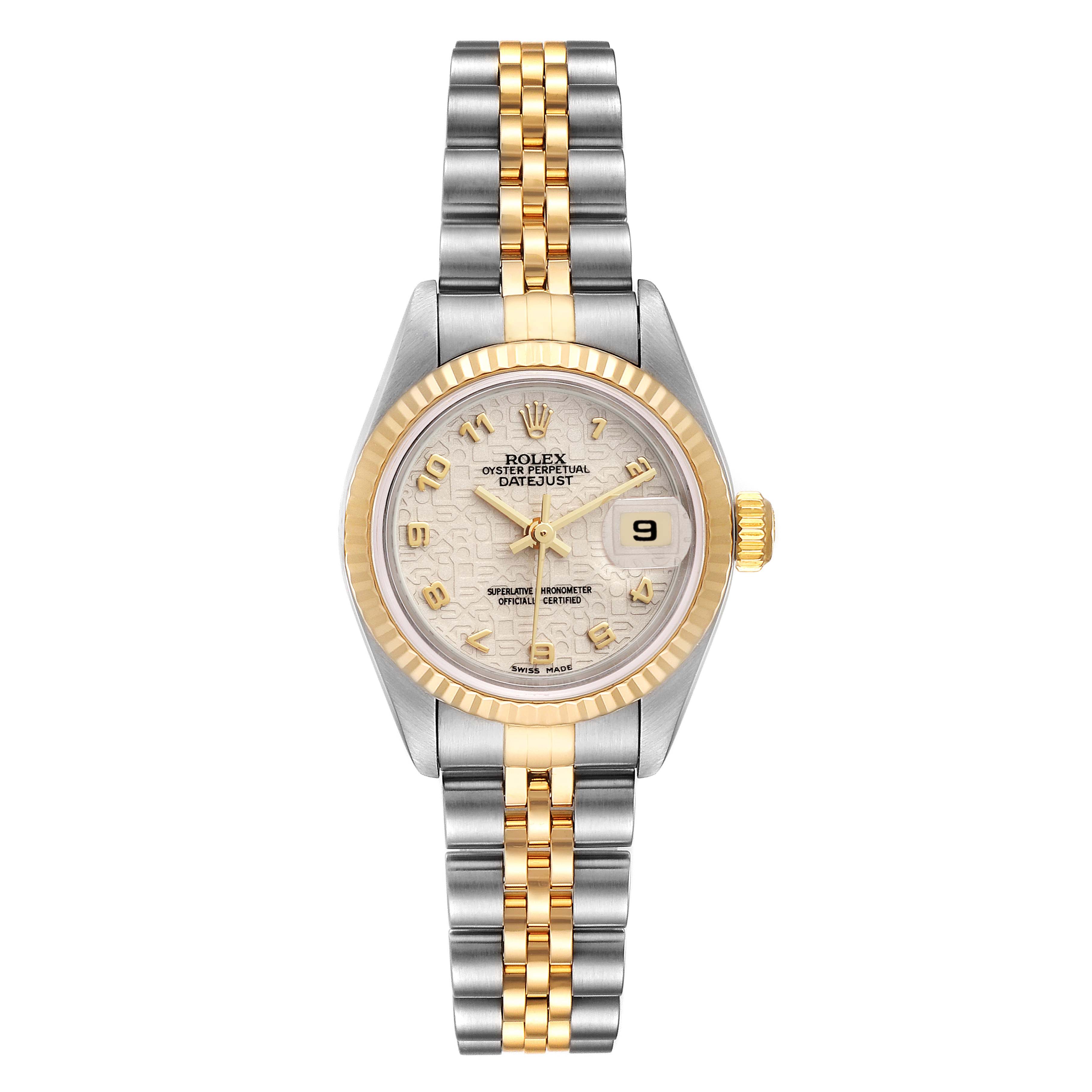 The image shows a front view of a Rolex Datejust 79173 Women's Steel and Gold (two tone) Beige Dial 79173 Women's Steel and Gold (two tone) Beige Dial watch displaying the face, bezel, crown, and bracelet.