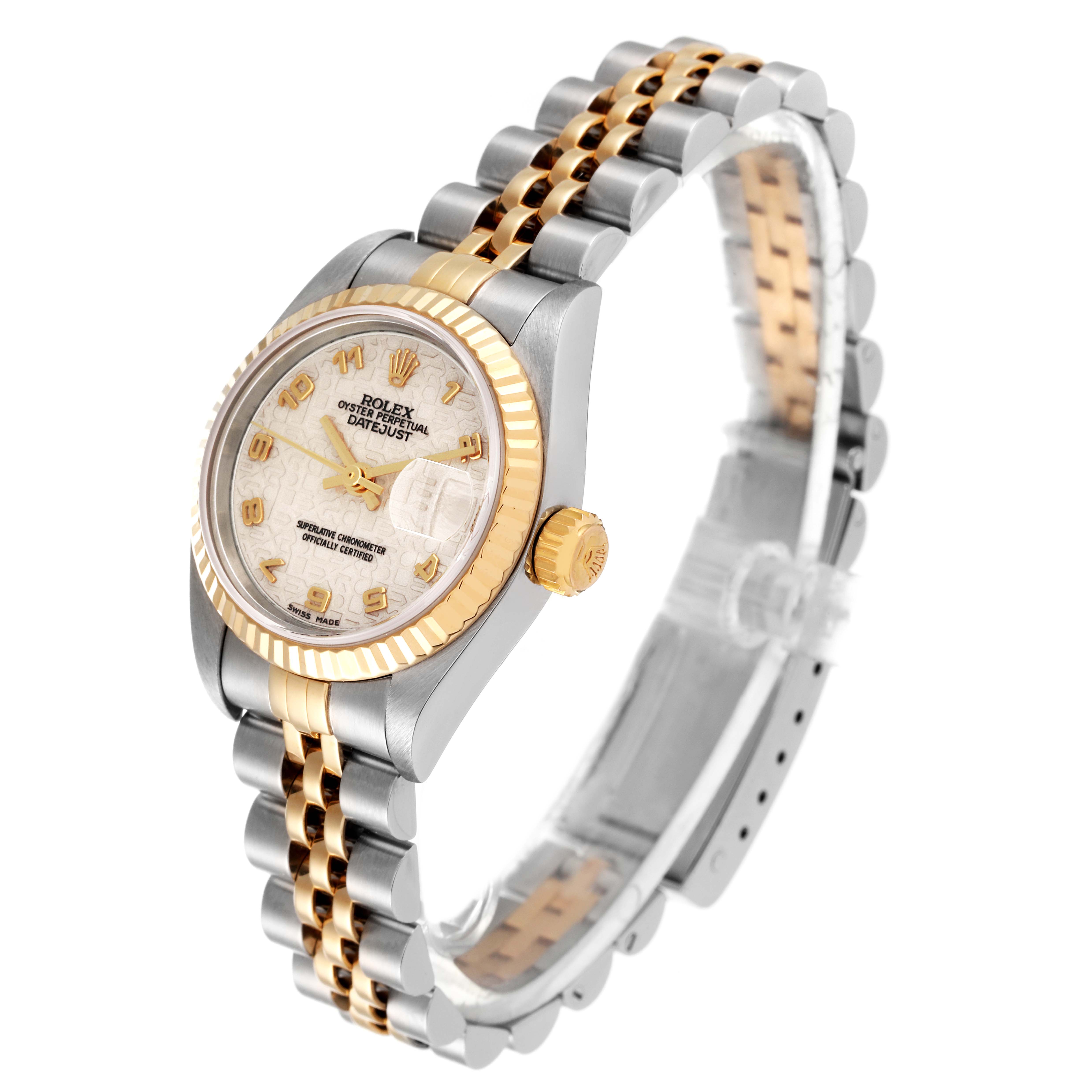 This Rolex Datejust 79173 Women's Steel and Gold (two tone) Beige Dial 79173 Women's Steel and Gold (two tone) Beige Dial model is shown from a three-quarter angle, displaying the dial, bezel, and bracelet.