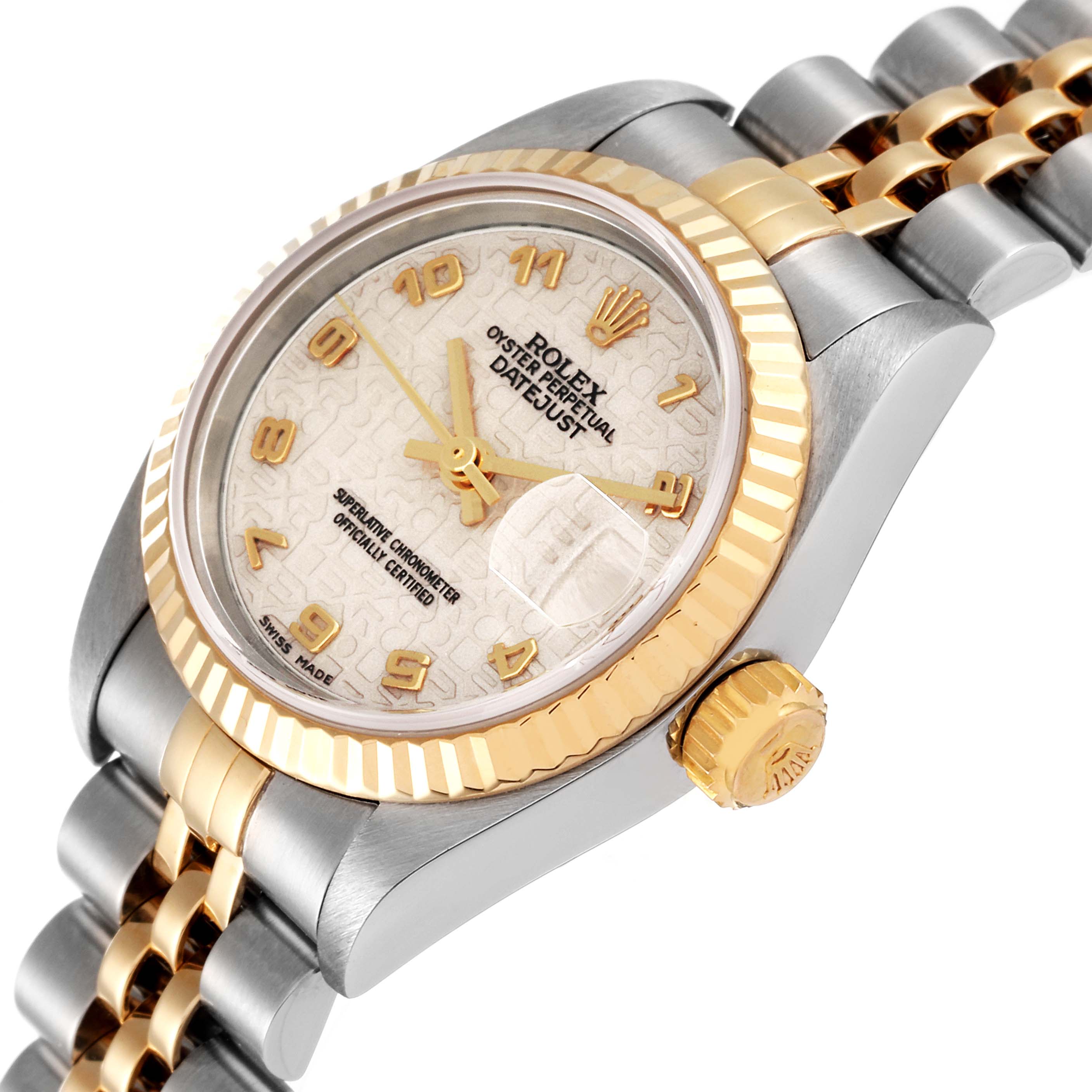 The image displays a Rolex Datejust 79173 Women's Steel and Gold (two tone) Beige Dial 79173 Women's Steel and Gold (two tone) Beige Dial watch at a slight side angle, showing the dial, bezel, crown, and part of the bracelet.
