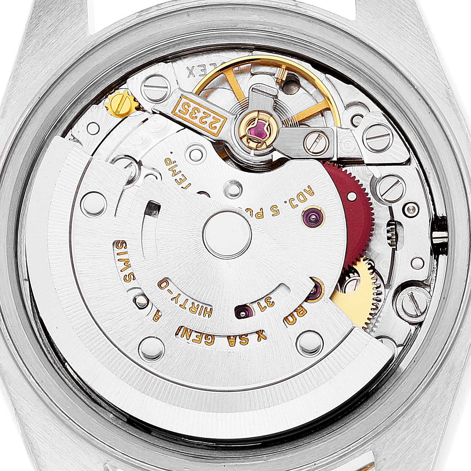 This image shows the intricate mechanical movement of a Rolex Datejust 79173 Women's Steel and Gold (two tone) Beige Dial 79173 Women's Steel and Gold (two tone) Beige Dial watch, viewed from the back.