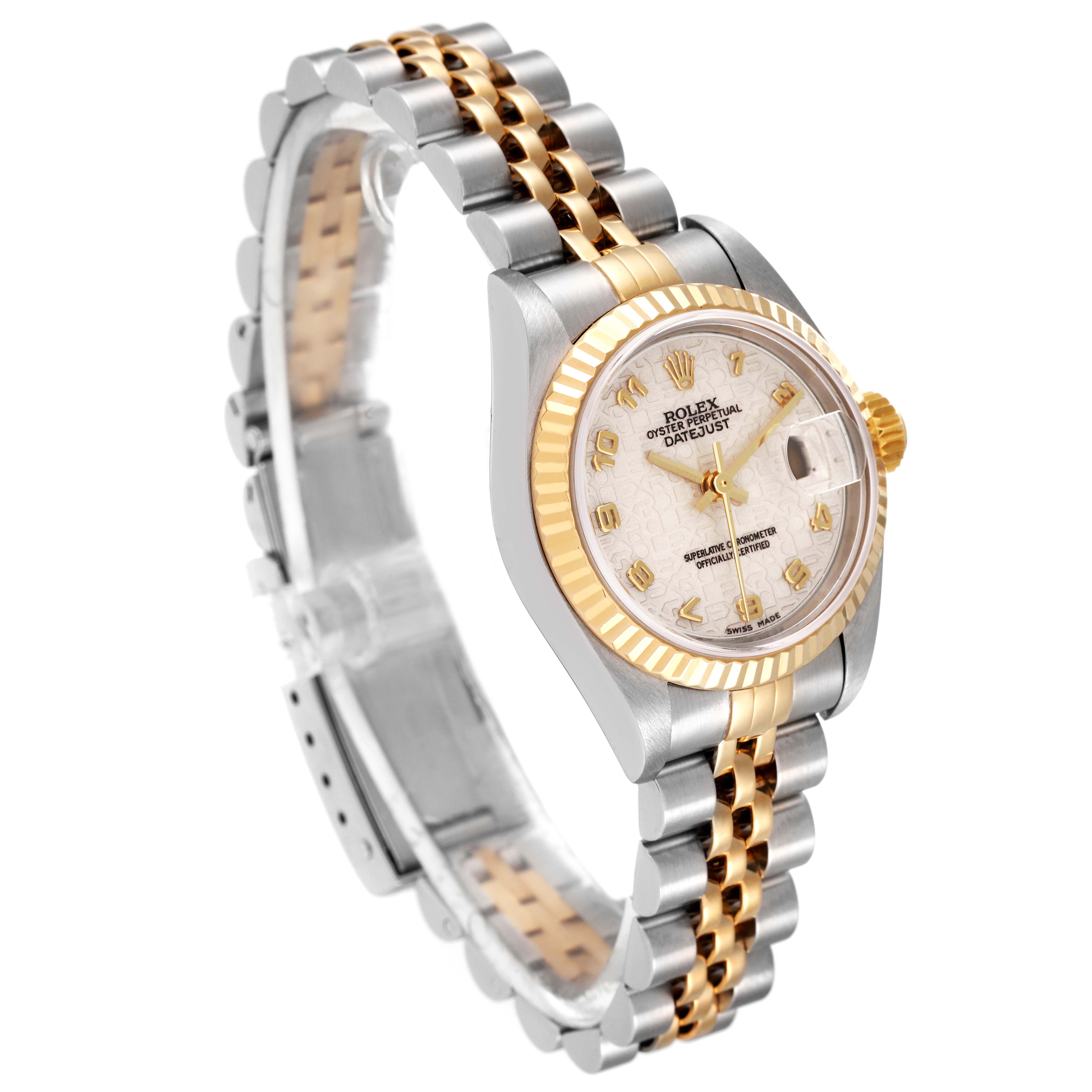 This Rolex Datejust 79173 Women's Steel and Gold (two tone) Beige Dial 79173 Women's Steel and Gold (two tone) Beige Dial watch is shown at a slight angle, highlighting the face, bezel, and two-tone bracelet.