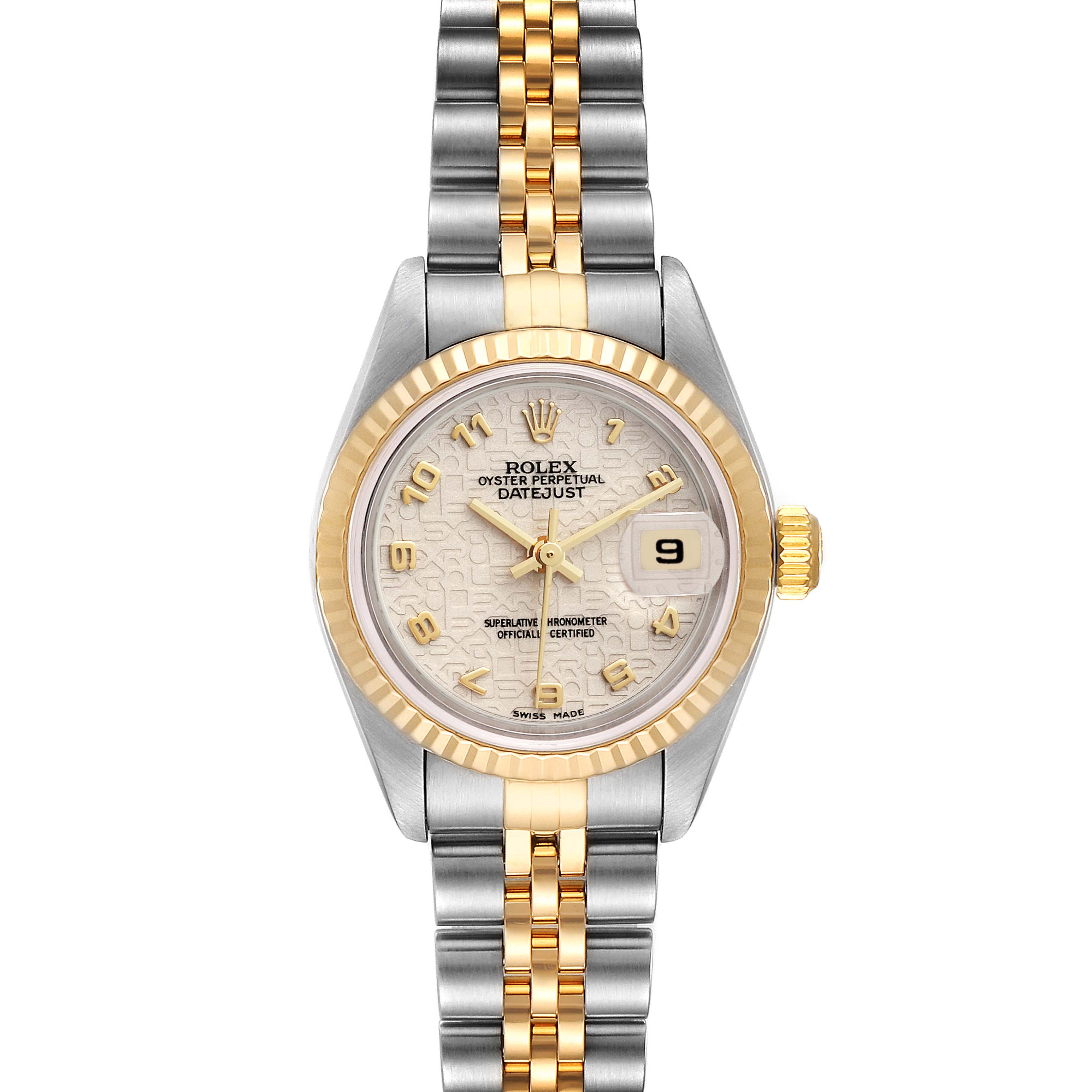 The image shows a Rolex Datejust 79173 Women's Steel and Gold (two tone) Beige Dial 79173 Women's Steel and Gold (two tone) Beige Dial watch, focusing on its face, bezel, and jubilee bracelet, with a frontal view.