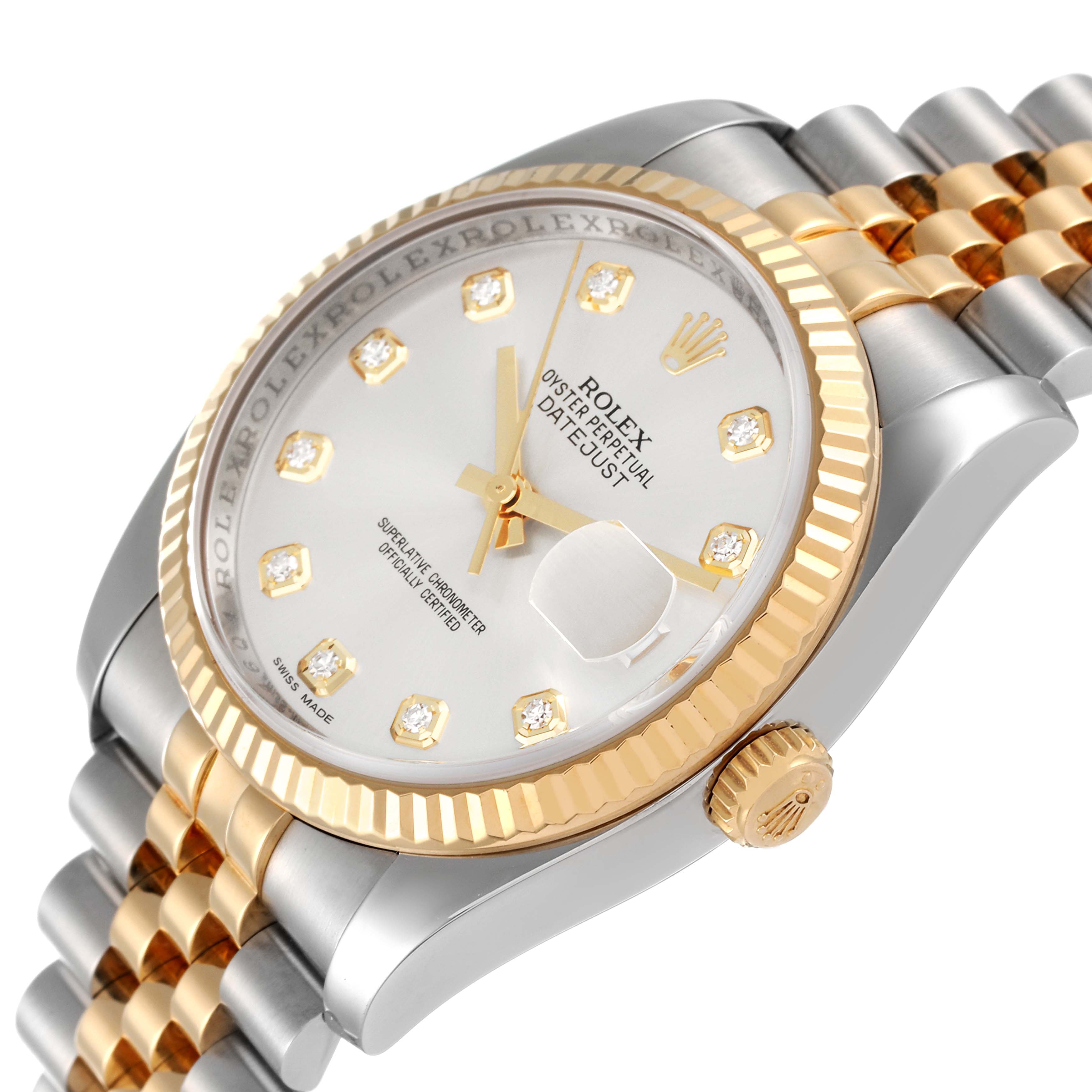 The image shows a close-up angled view of the Rolex Datejust 116233 Men's Steel and Gold (two tone) Silver Dial 116233 Men's Steel and Gold (two tone) Silver Dial watch, highlighting its face, bezel, and part of the bracelet.