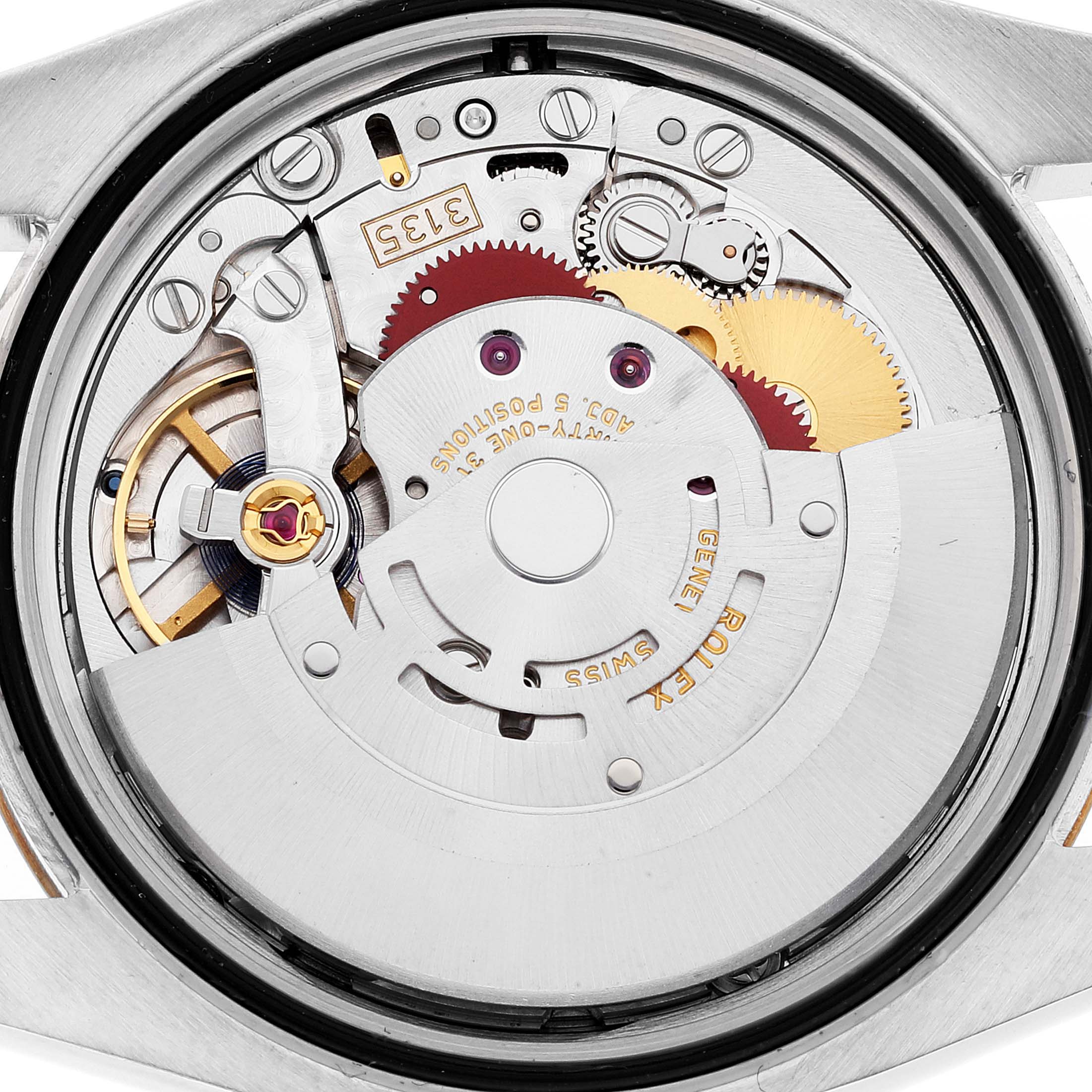 The image shows a close-up view of the movement inside the Rolex Datejust 116233 Men's Steel and Gold (two tone) Silver Dial 116233 Men's Steel and Gold (two tone) Silver Dial watch, displaying the internal gears and rotor.