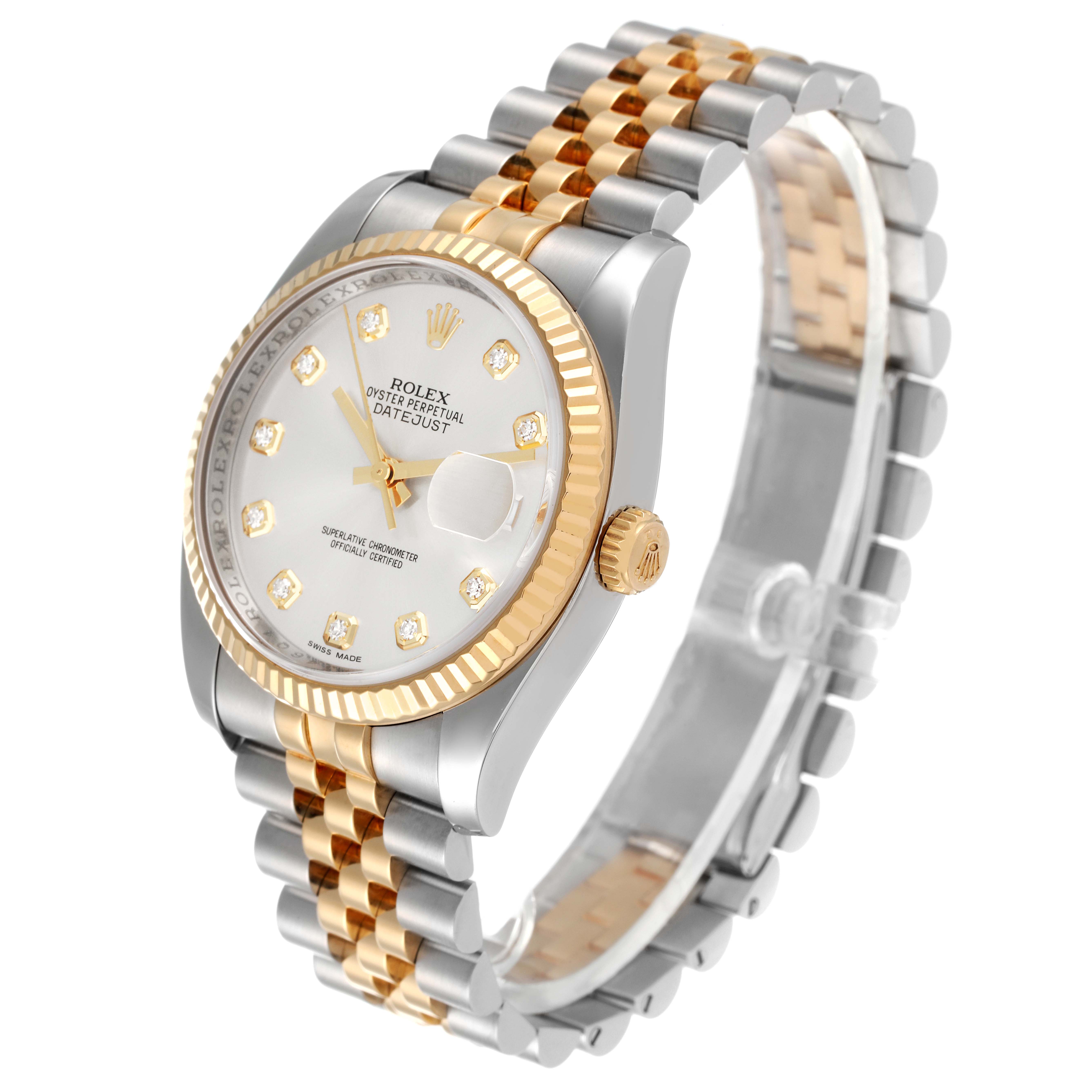 The Rolex Datejust 116233 Men's Steel and Gold (two tone) Silver Dial 116233 Men's Steel and Gold (two tone) Silver Dial watch is shown at an angle highlighting its two-tone bracelet, fluted bezel, and diamond hour markers.