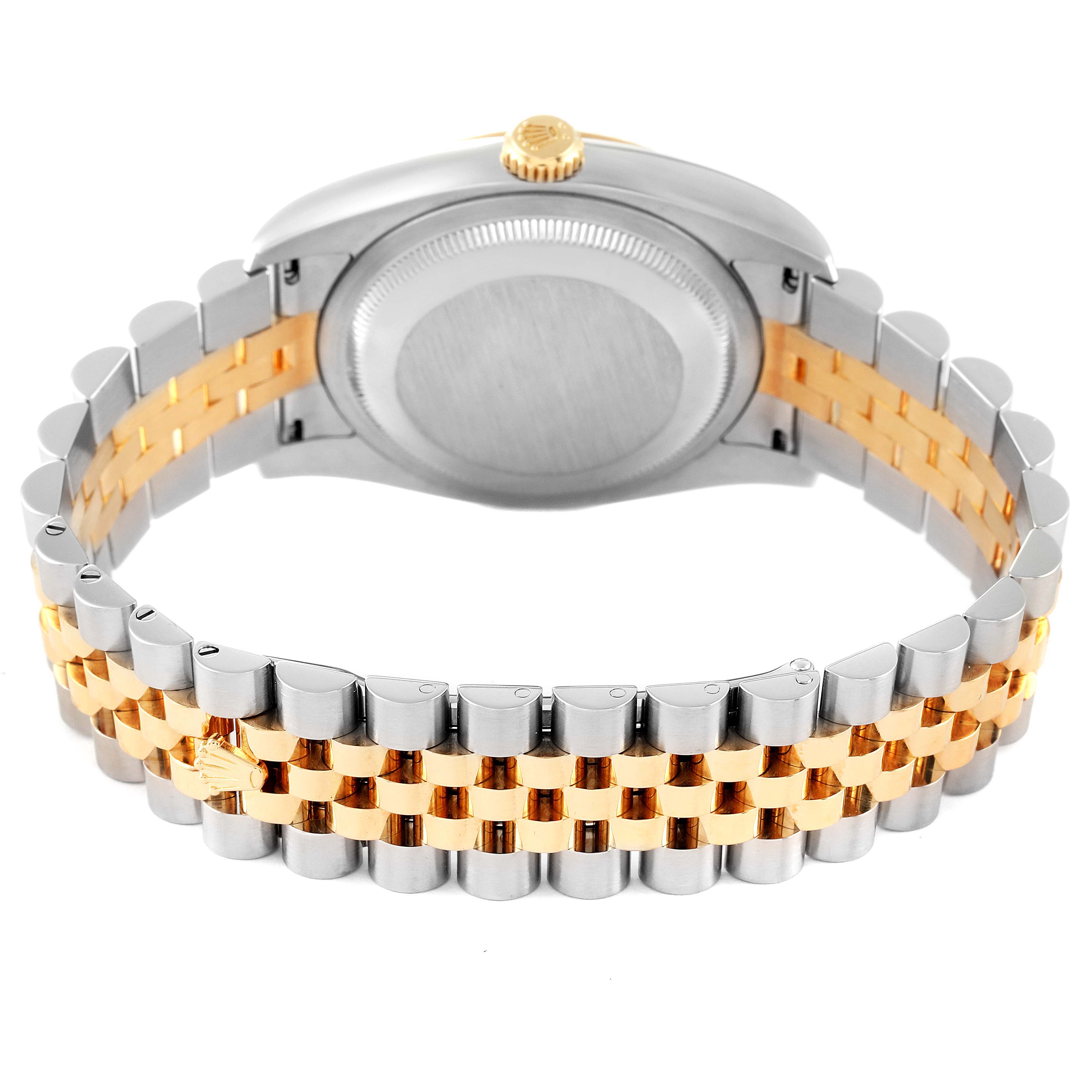 This image shows the back case and two-tone bracelet of the Rolex Datejust 116233 Men's Steel and Gold (two tone) Silver Dial 116233 Men's Steel and Gold (two tone) Silver Dial watch from a rear angle.