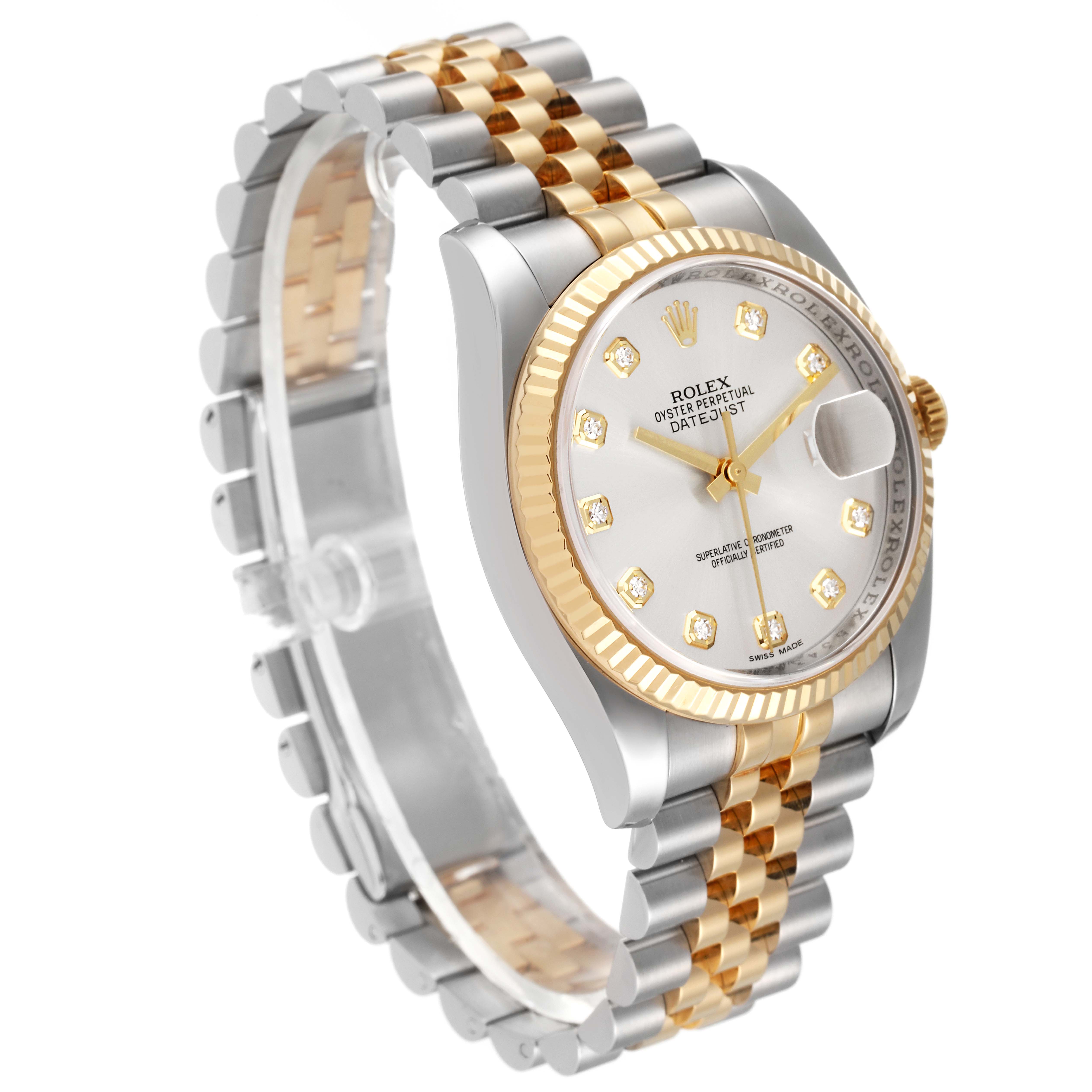 The image shows the front and side view of a Rolex Datejust 116233 Men's Steel and Gold (two tone) Silver Dial 116233 Men's Steel and Gold (two tone) Silver Dial watch with a two-tone metal bracelet and a diamond-set dial.
