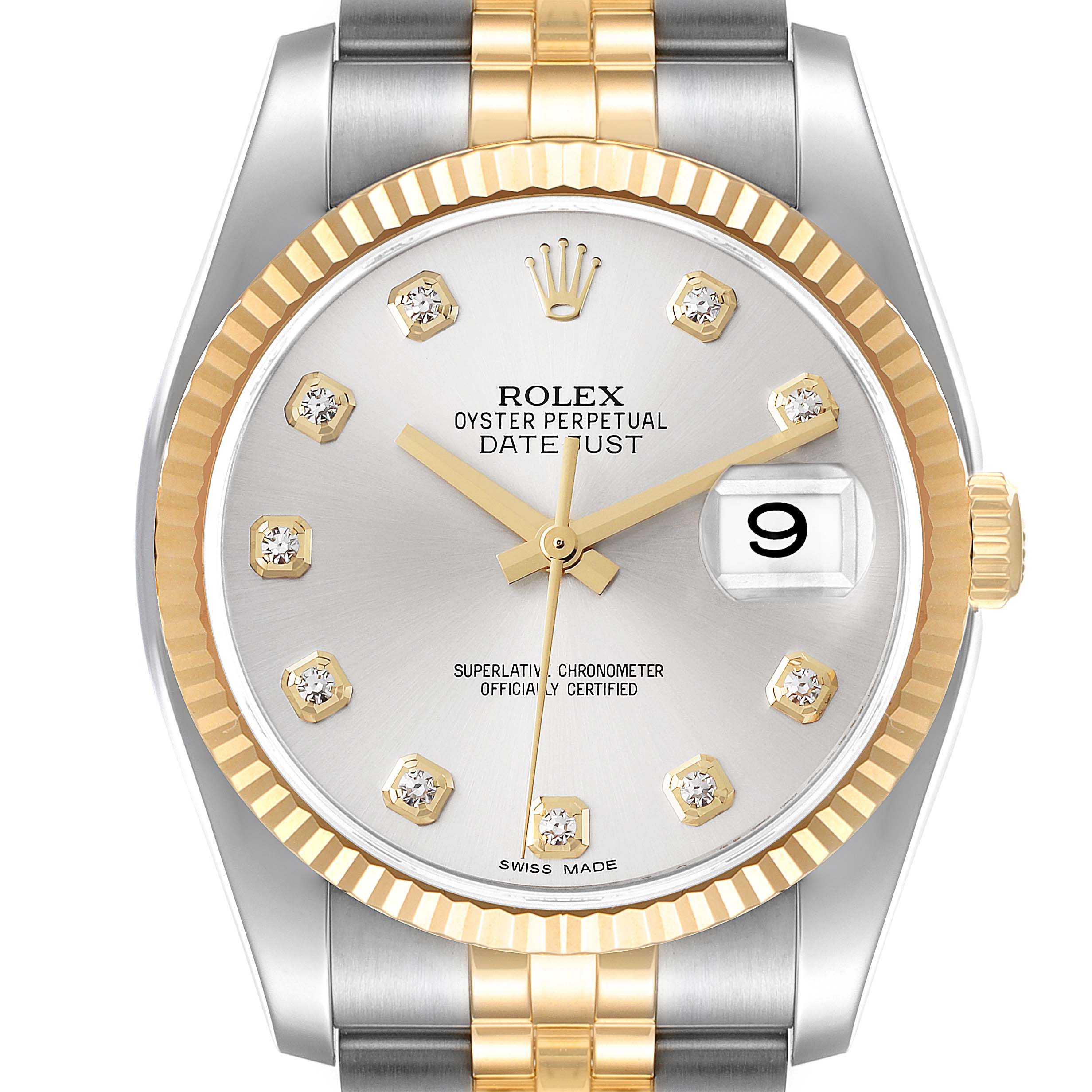This is a close-up of the Rolex Datejust 116233 Men's Steel and Gold (two tone) Silver Dial 116233 Men's Steel and Gold (two tone) Silver Dial watch showing its dial, hands, date window, and part of the bracelet.