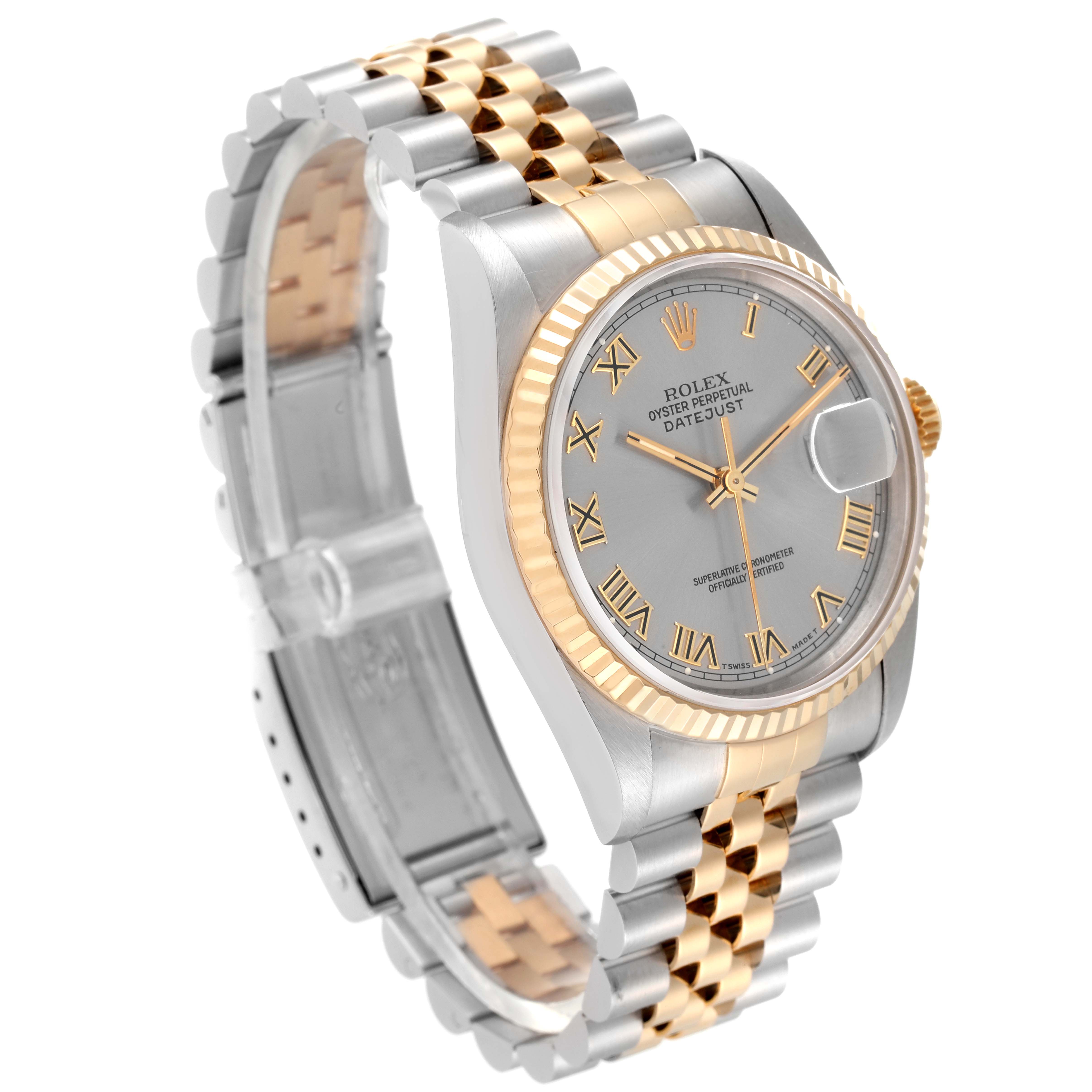 The image shows a Rolex Datejust 16233 Men's Steel and Gold (two tone) Grey Dial 16233 Men's Steel and Gold (two tone) Grey Dial watch from a three-quarter angle, highlighting the face, bezel, and bracelet.