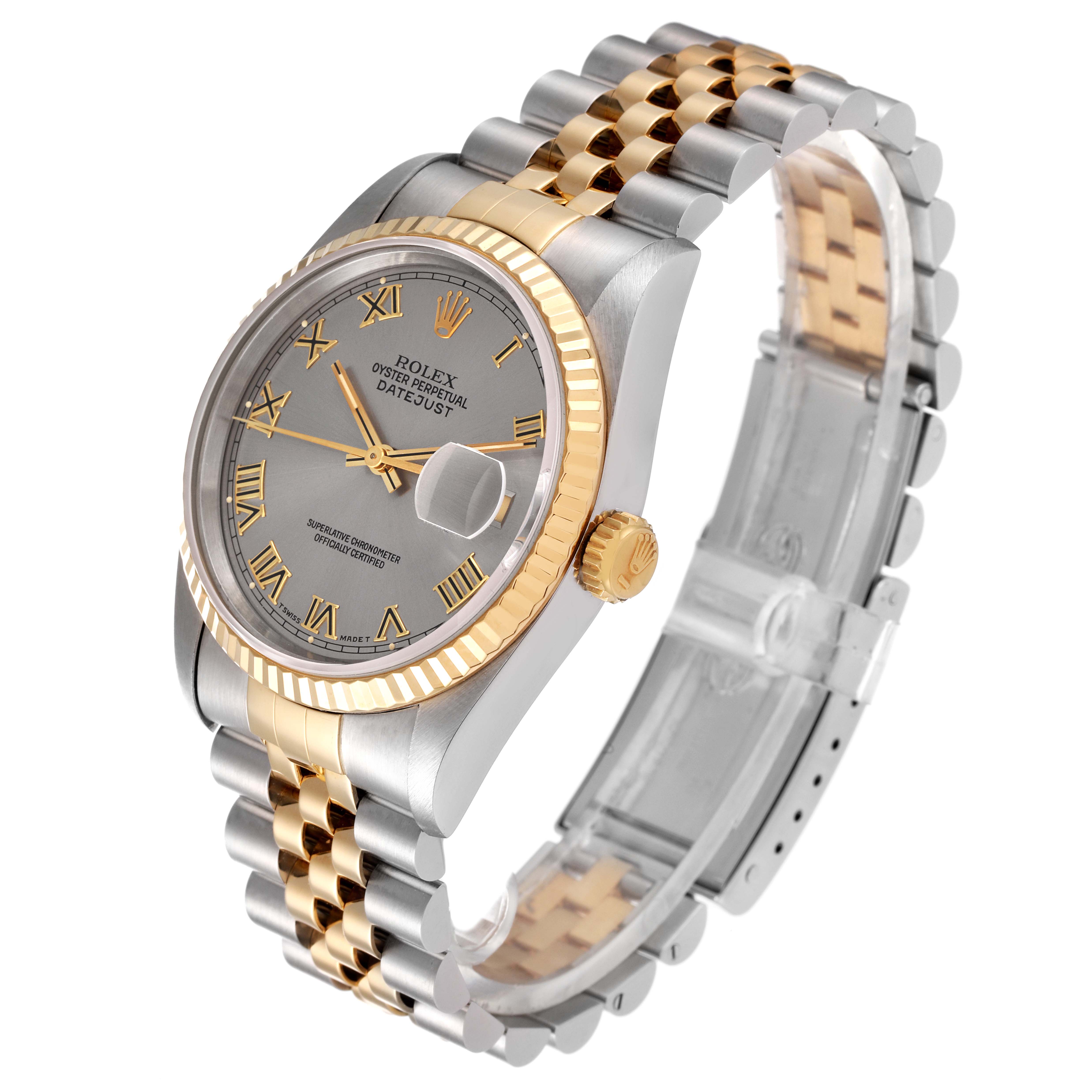 The Rolex Datejust 16233 Men's Steel and Gold (two tone) Grey Dial 16233 Men's Steel and Gold (two tone) Grey Dial watch is shown at a slight angle, featuring the dial, bezel, crown, and bracelet.