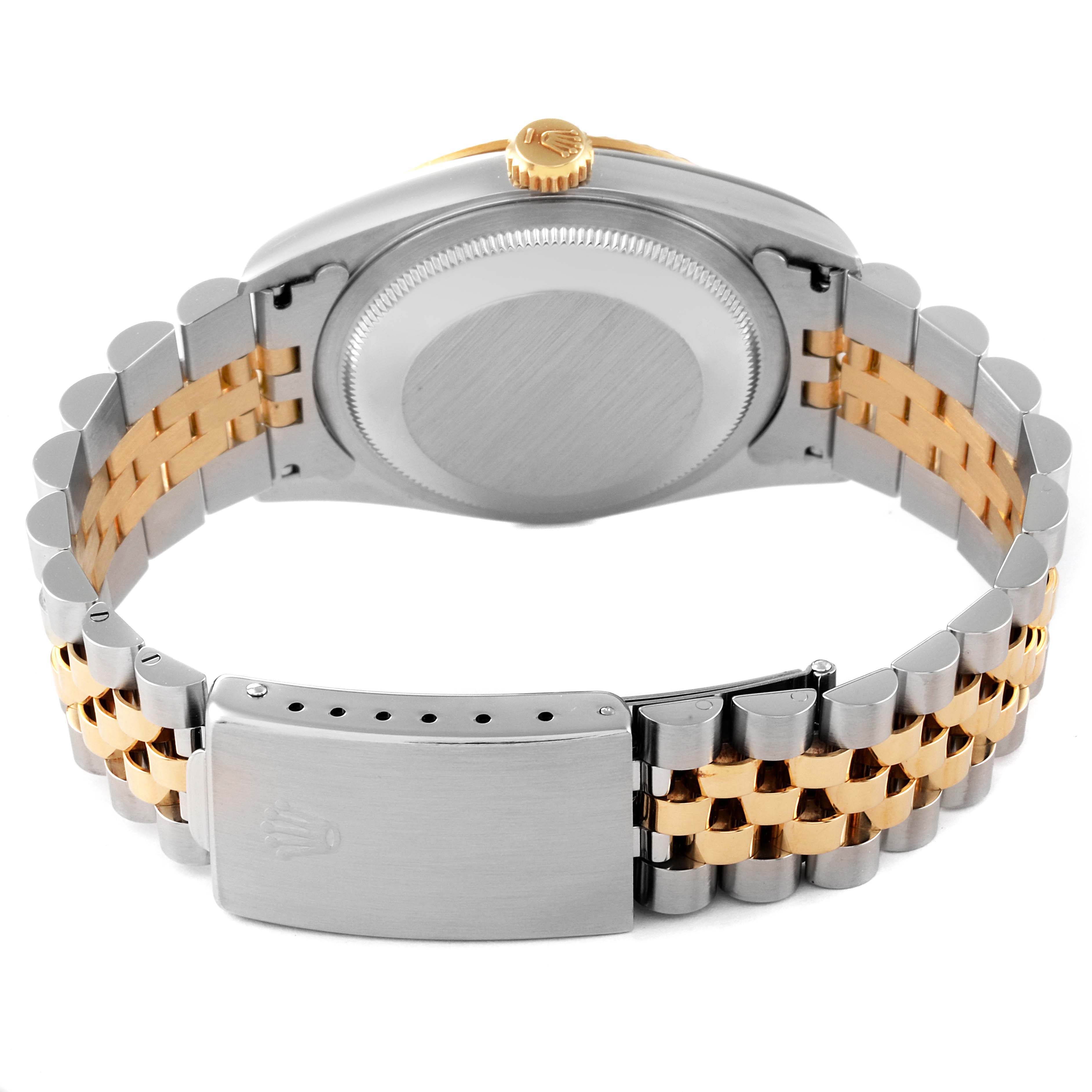 The image shows the back view of a Rolex Datejust 16233 Men's Steel and Gold (two tone) Grey Dial 16233 Men's Steel and Gold (two tone) Grey Dial watch, highlighting its caseback, crown, and the two-tone bracelet with clasp.