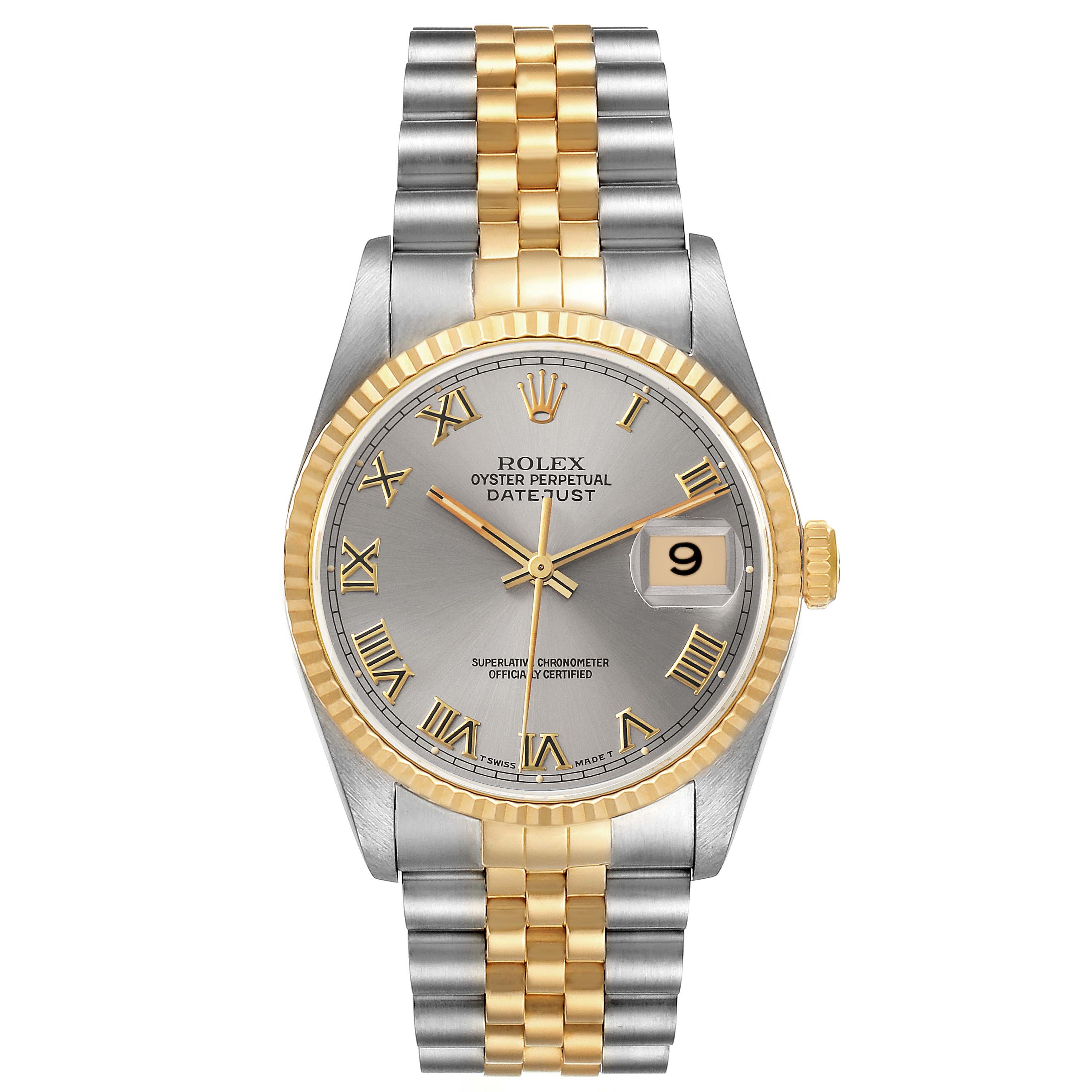 This Rolex Datejust 16233 Men's Steel and Gold (two tone) Grey Dial 16233 Men's Steel and Gold (two tone) Grey Dial watch is shown from a frontal angle, highlighting its dial, bezel, and two-tone bracelet.