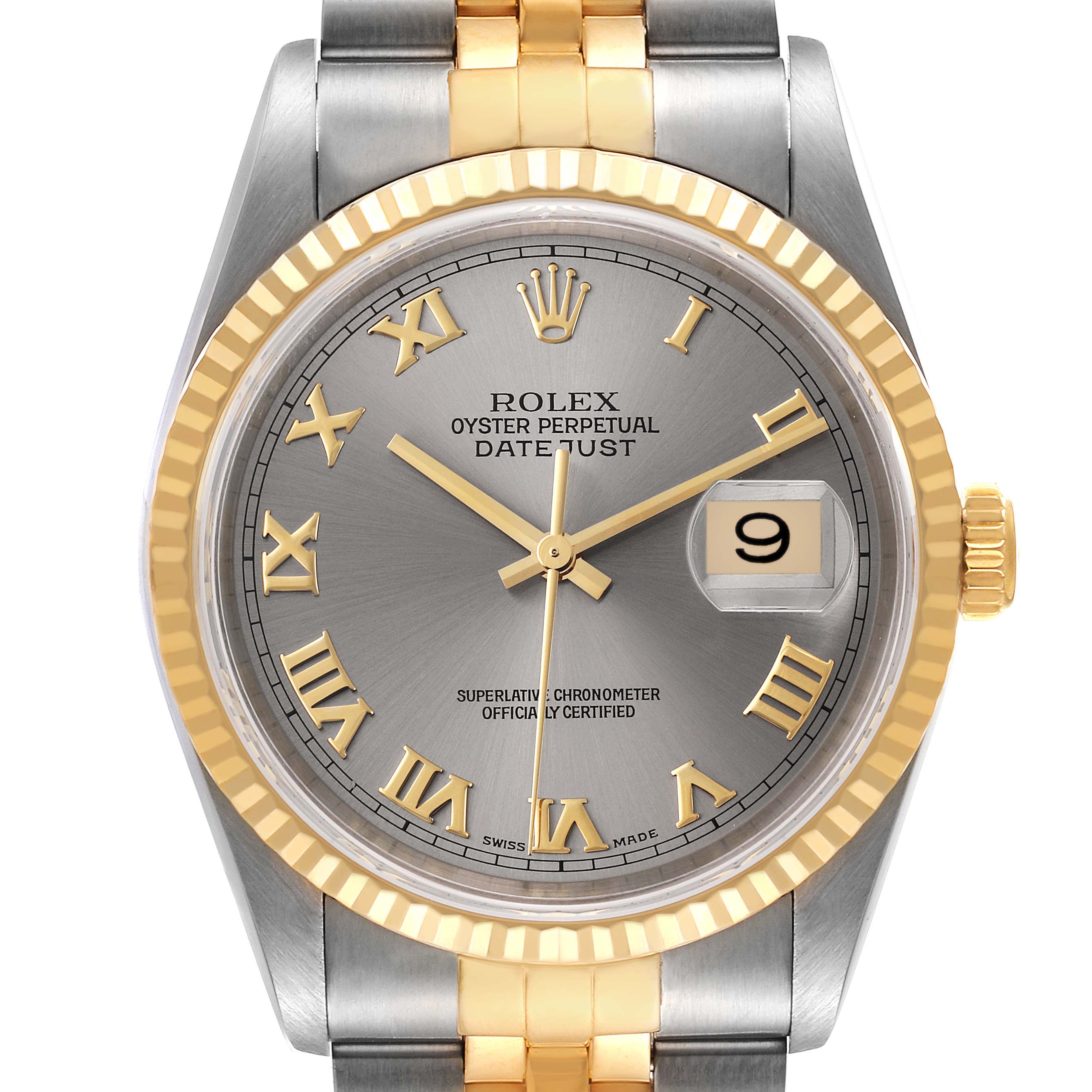 The image shows a front view of the Rolex Datejust 16233 Men's Steel and Gold (two tone) Grey Dial 16233 Men's Steel and Gold (two tone) Grey Dial watch, highlighting the dial, bezel, and part of the bracelet.