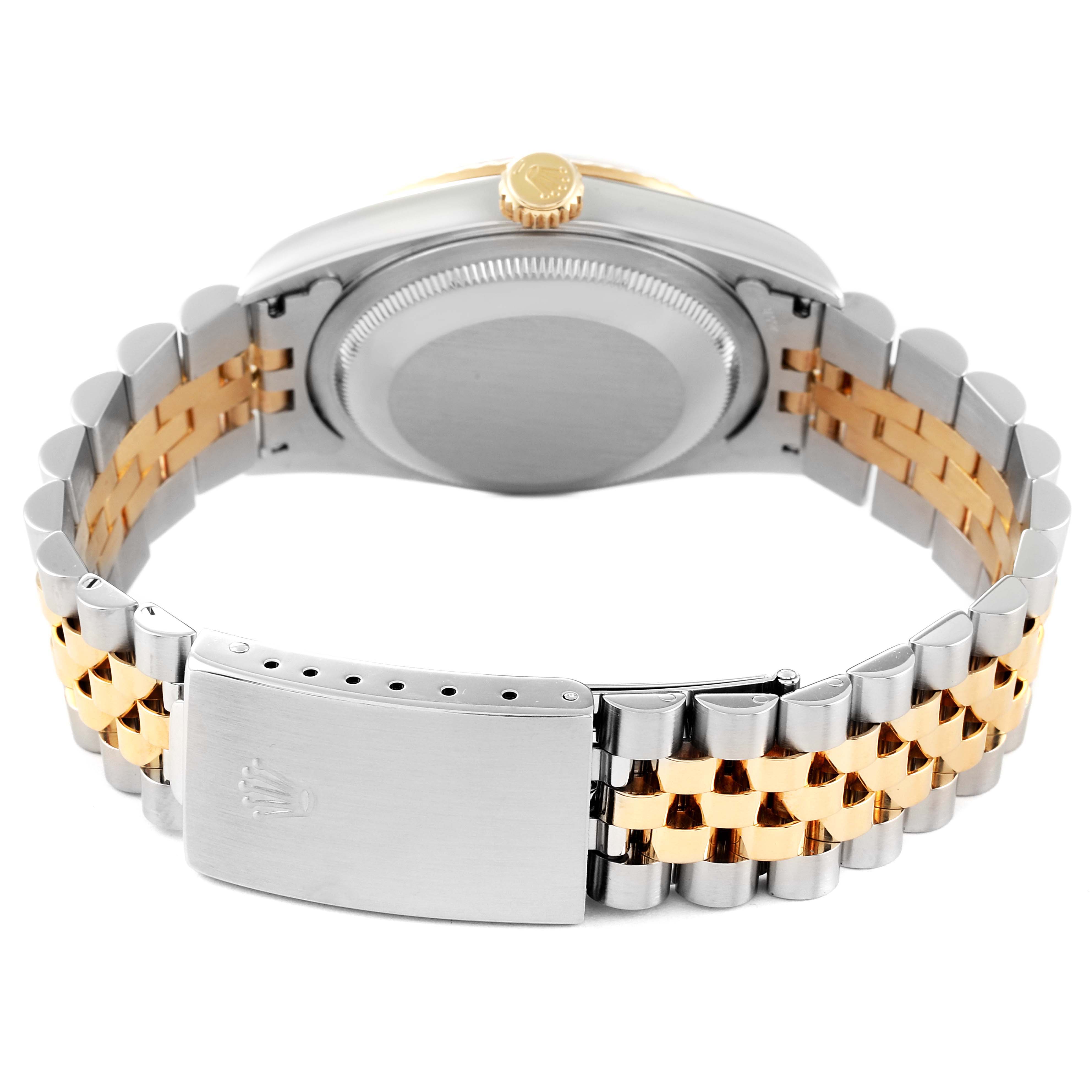 The image shows the case back, crown, and bracelet of a Rolex Datejust 16233 Men's Steel and Gold (two tone) Grey Dial 16233 Men's Steel and Gold (two tone) Grey Dial watch from the rear angle.