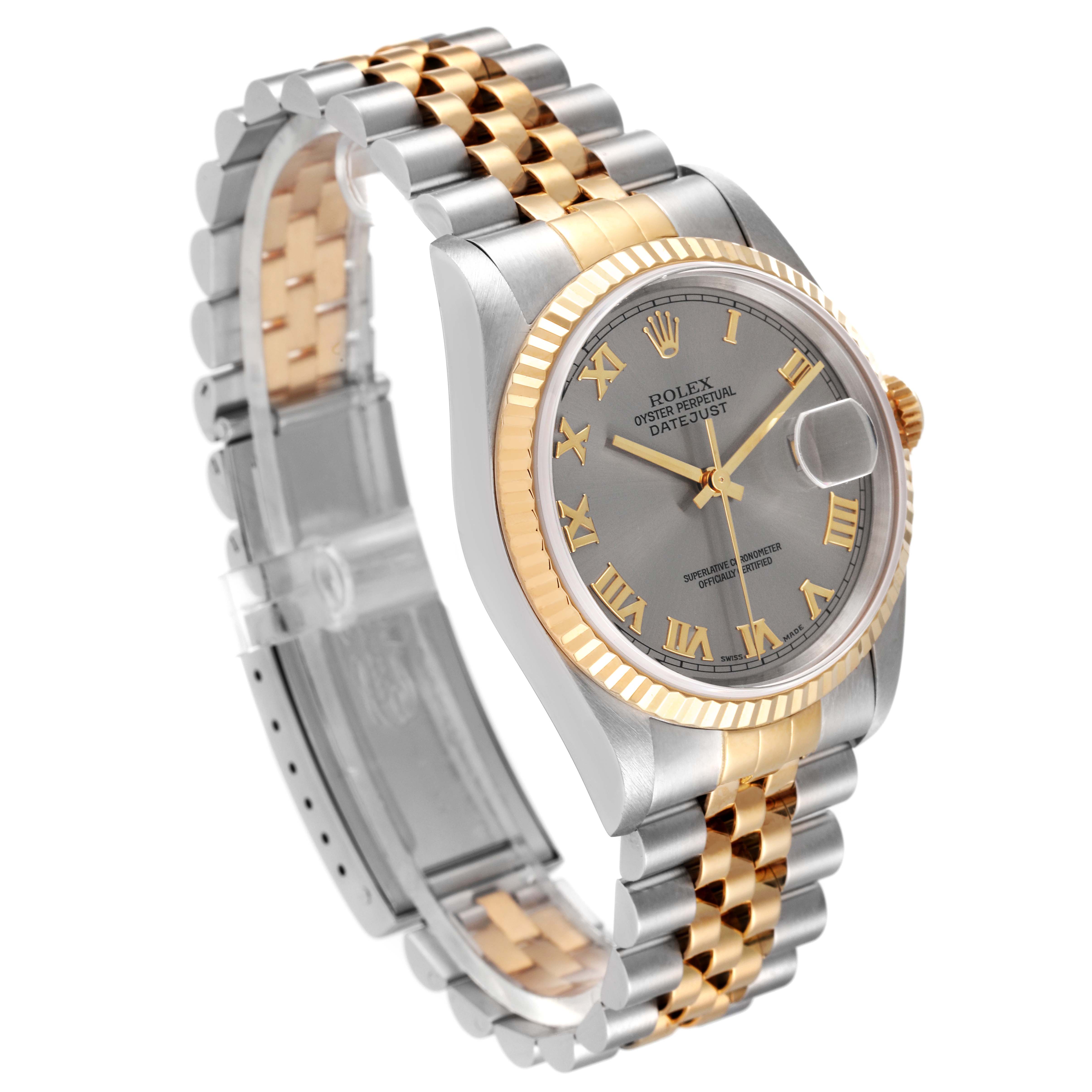 The Rolex Datejust 16233 Men's Steel and Gold (two tone) Grey Dial 16233 Men's Steel and Gold (two tone) Grey Dial watch is shown at a three-quarter angle, highlighting the gold bezel, dial, and two-tone bracelet.